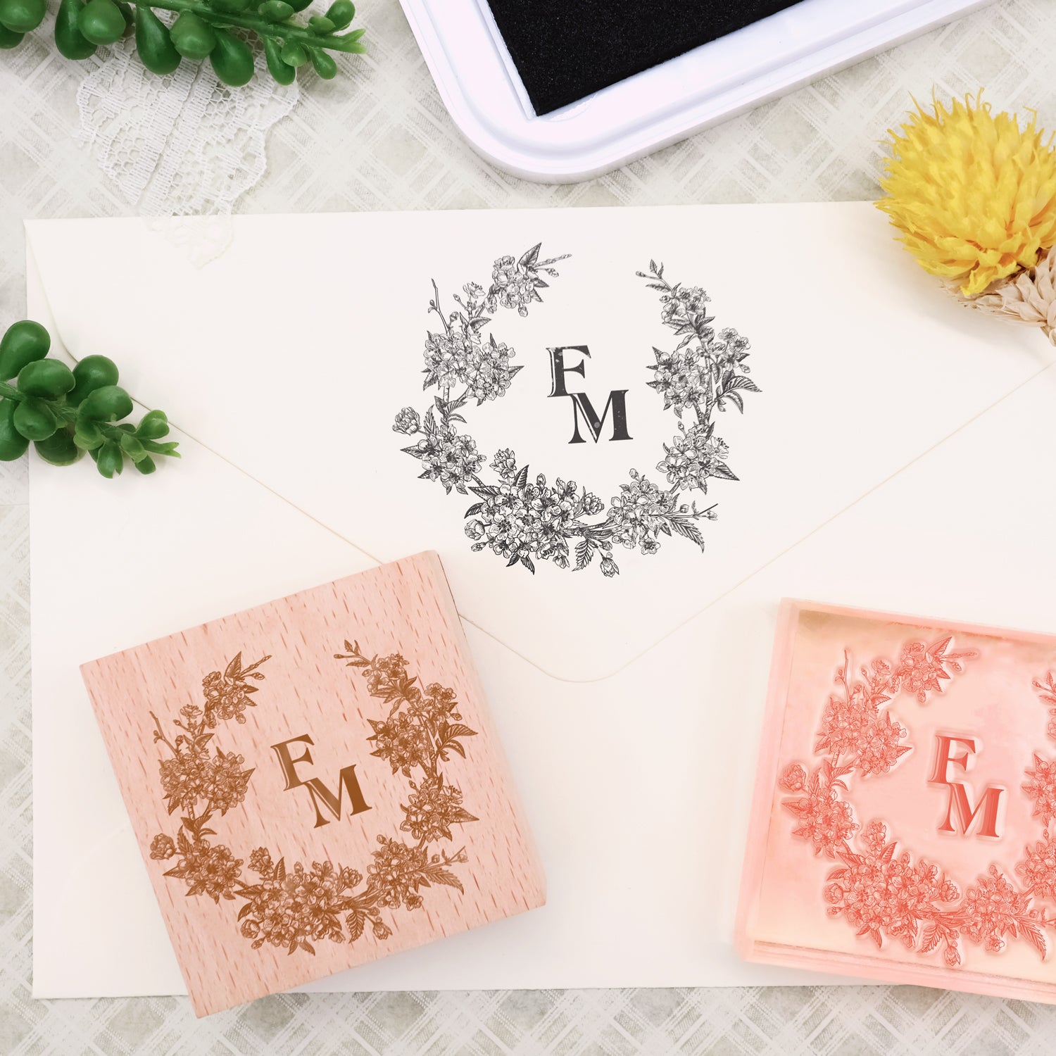 Individueller Botanischer Hochzeits-Monogramm Gummistempel -SKU3 1