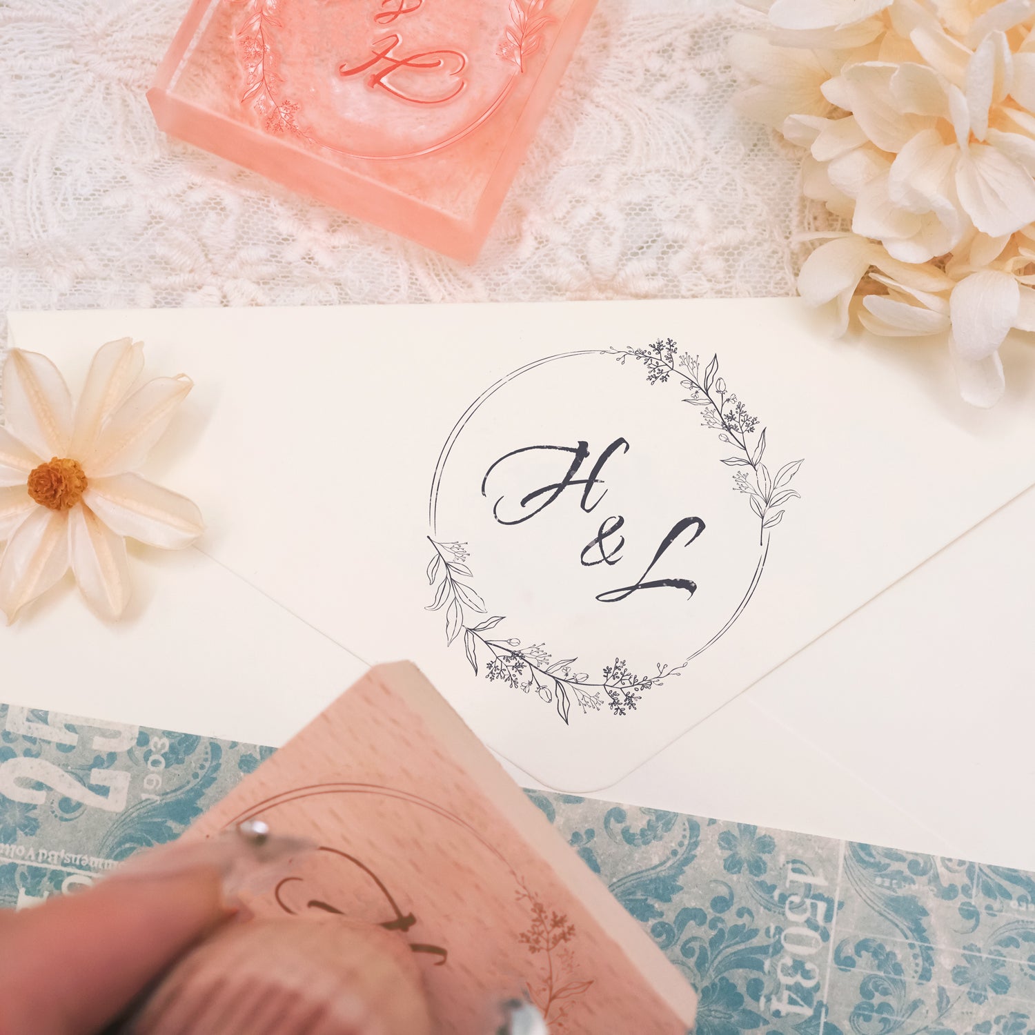 Personalisierter Botanischer Hochzeits-Monogramm Stempel -SKU4 2