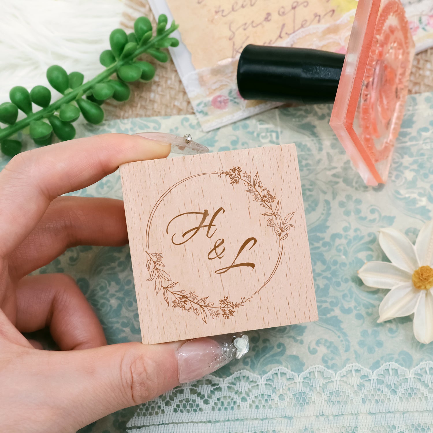 Personalisierter Botanischer Hochzeits-Monogramm Gummistempel -SKU4 4