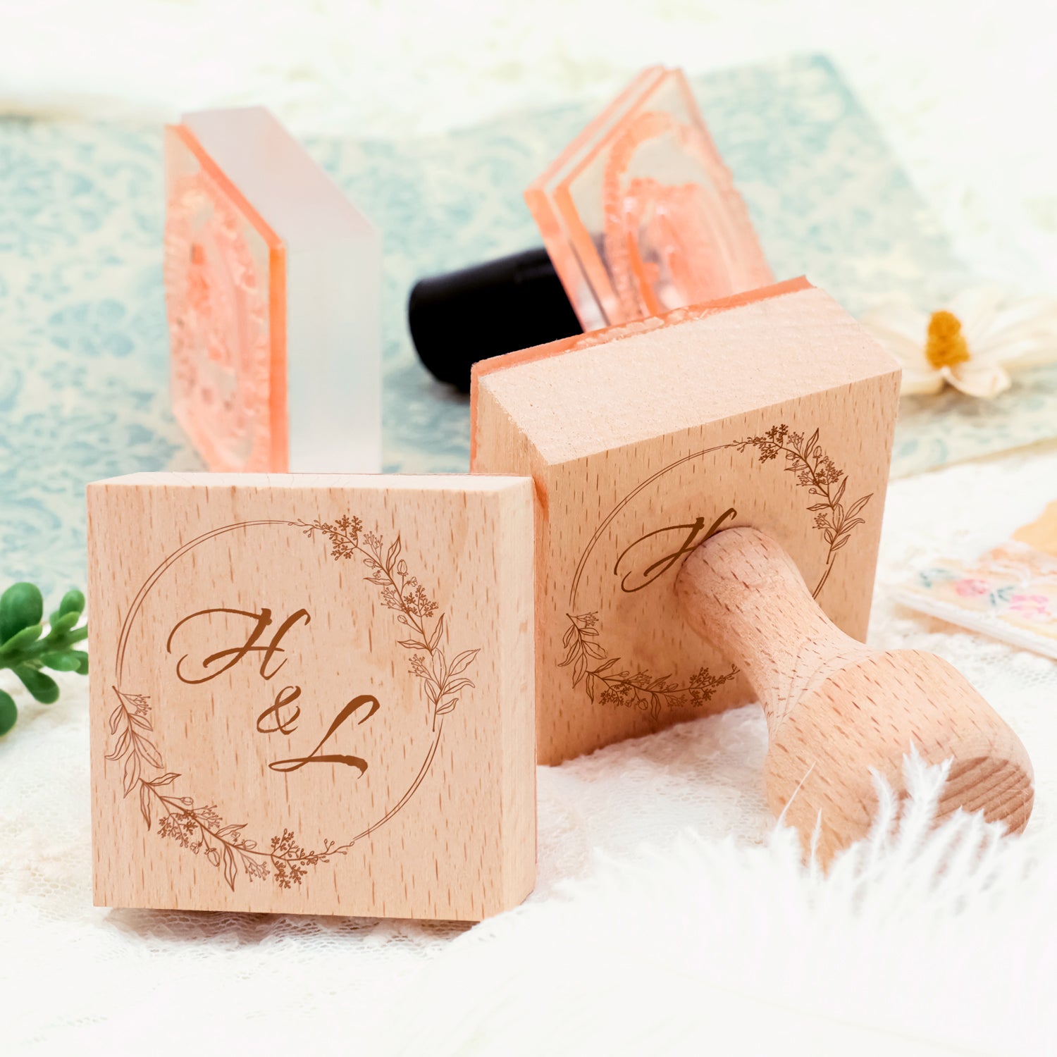Personalisierter botanischer Hochzeits-Monogramm Gummistempel -SKU4 3