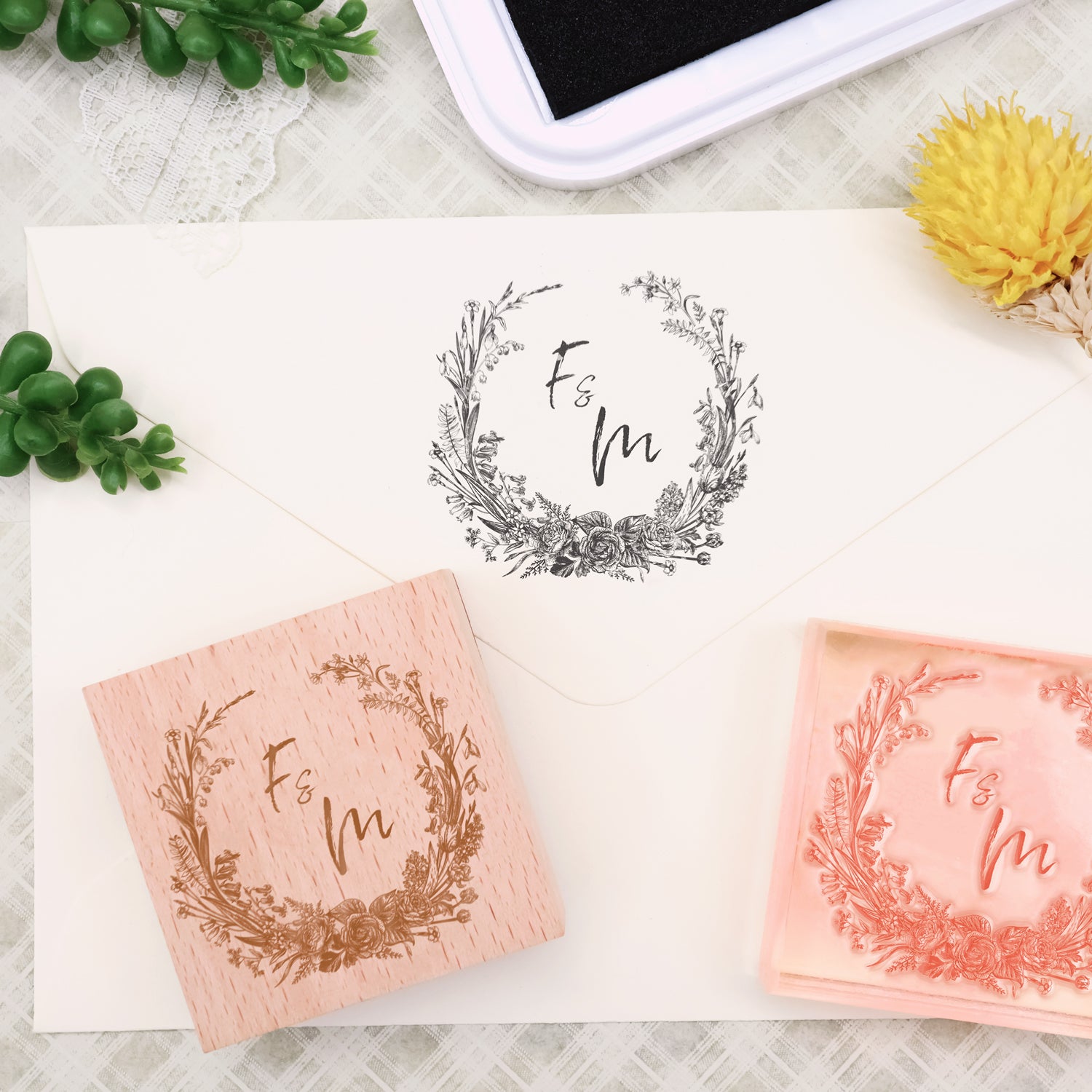 Personalisierter Botanischer Hochzeits-Monogramm-Stempel -SKU11 1