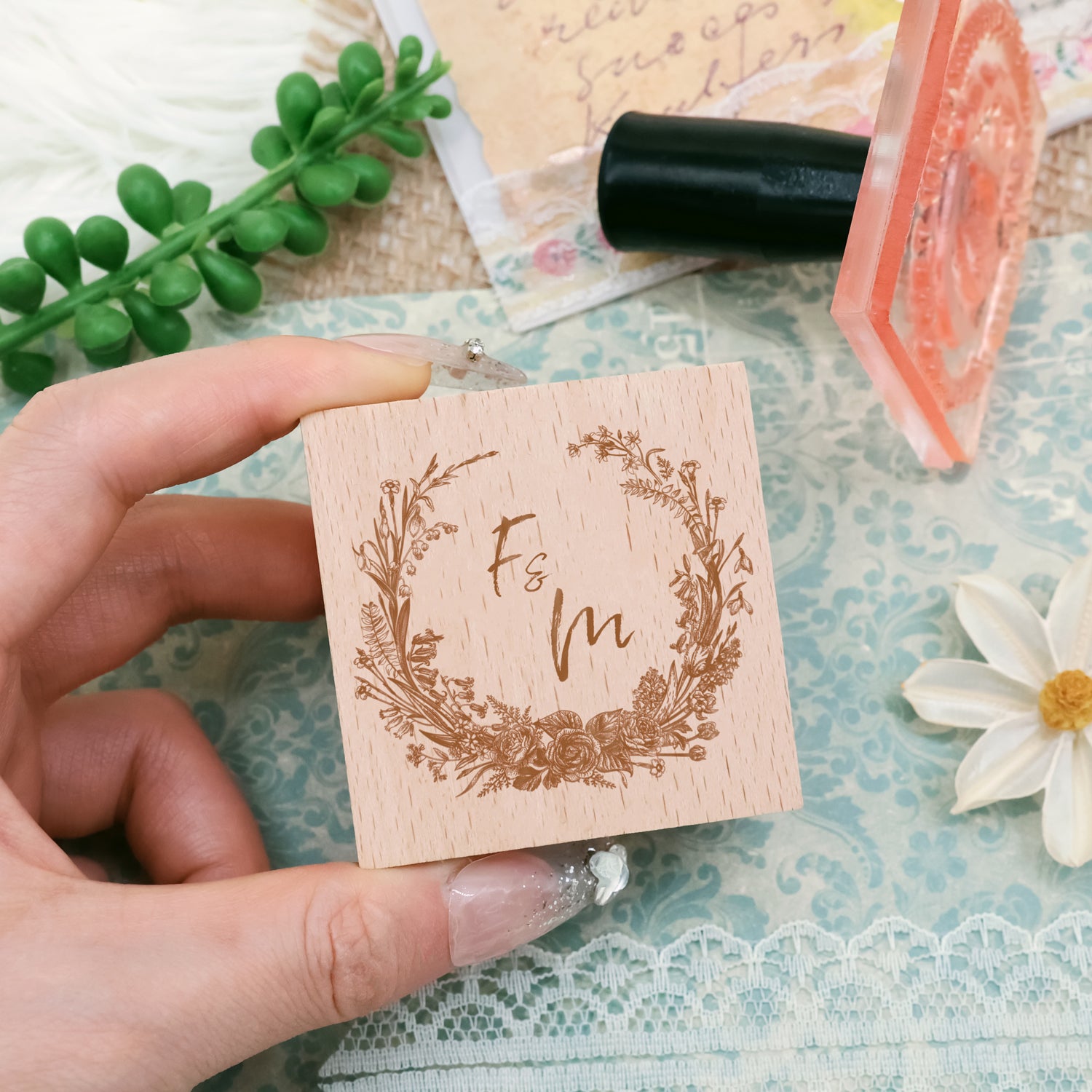 Individueller Botanischer Hochzeits-Monogramm Gummistempel -SKU11 2