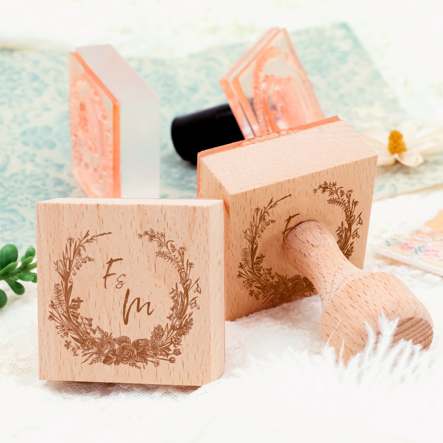 Personalisierter Botanischer Hochzeits-Monogramm Gummistempel -SKU11 4