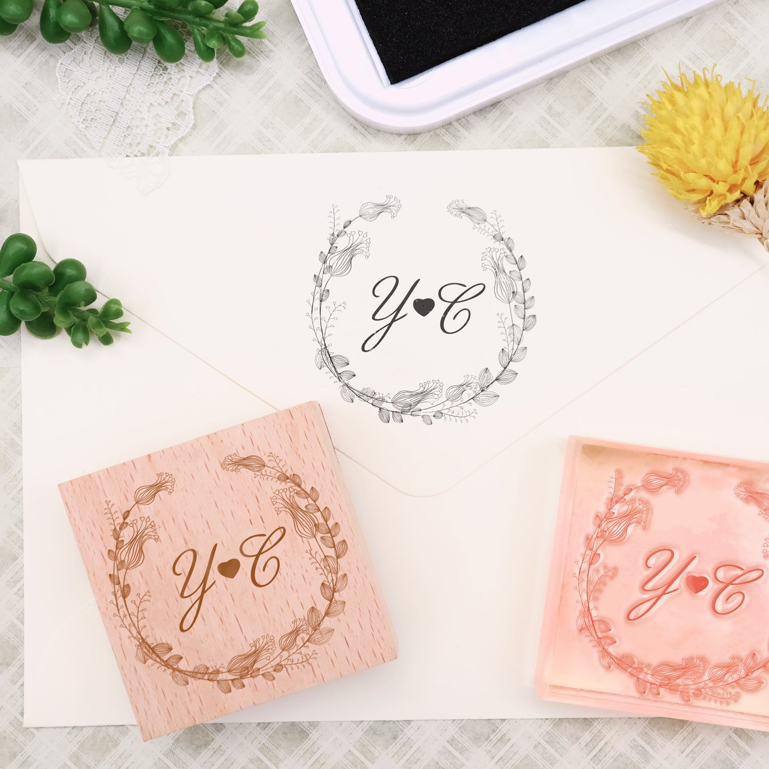 Benutzerdefinierter Botanischer Hochzeits-Monogramm Gummistempel -SKU17 1
