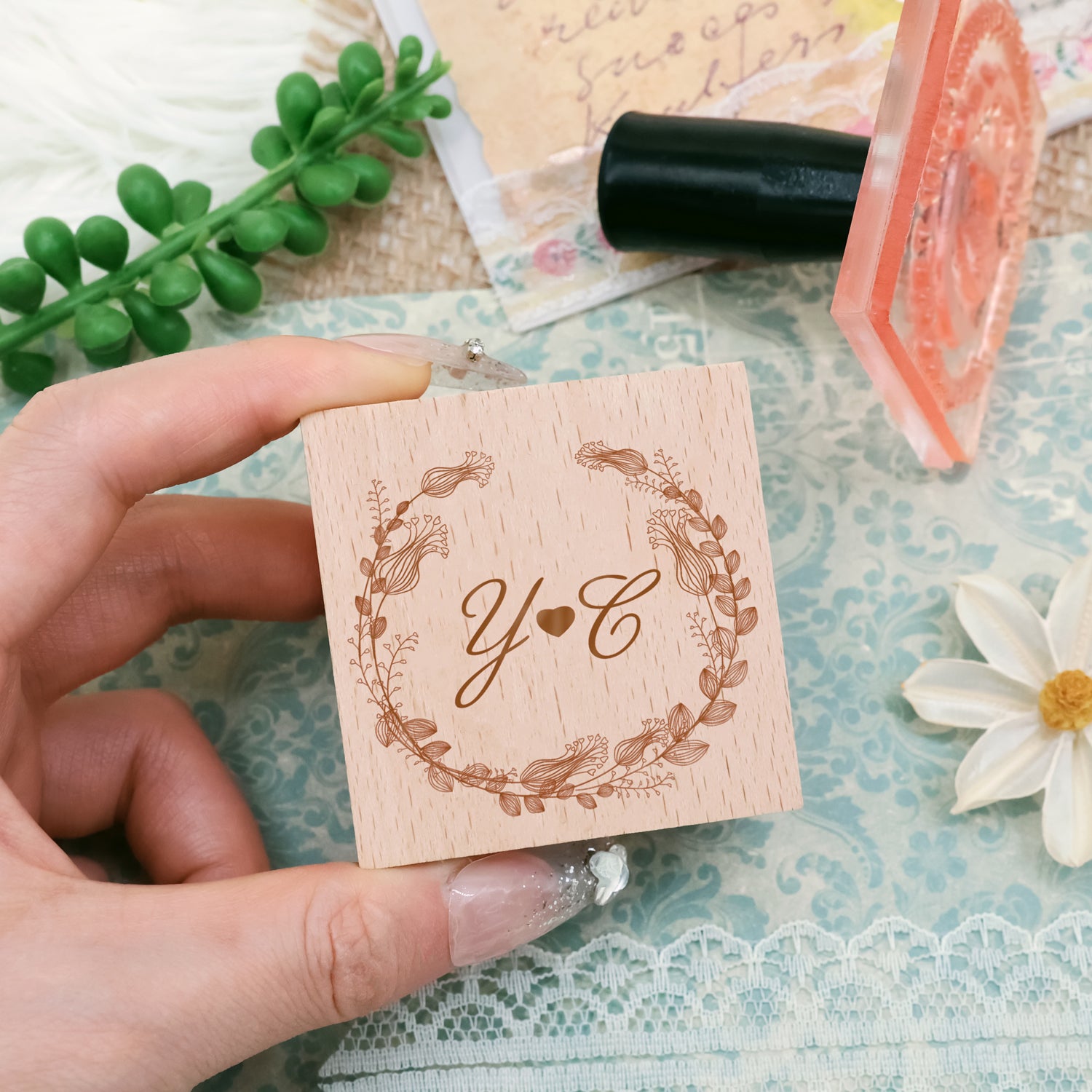 Individueller Botanischer Hochzeits-Monogramm Gummistempel -SKU17 2