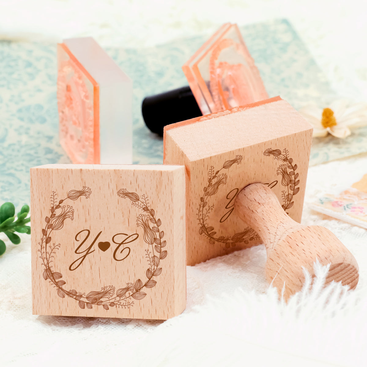 Individueller Botanischer Hochzeits-Monogramm Gummistempel -SKU17 4