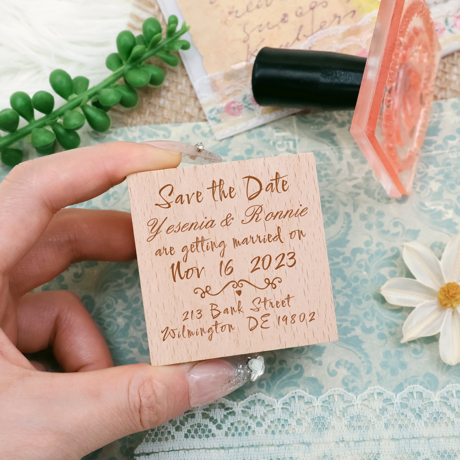 Benutzerdefinierter reiner Text-Handschrift-Schriftart Hochzeit Save the Date Gummistempel3
