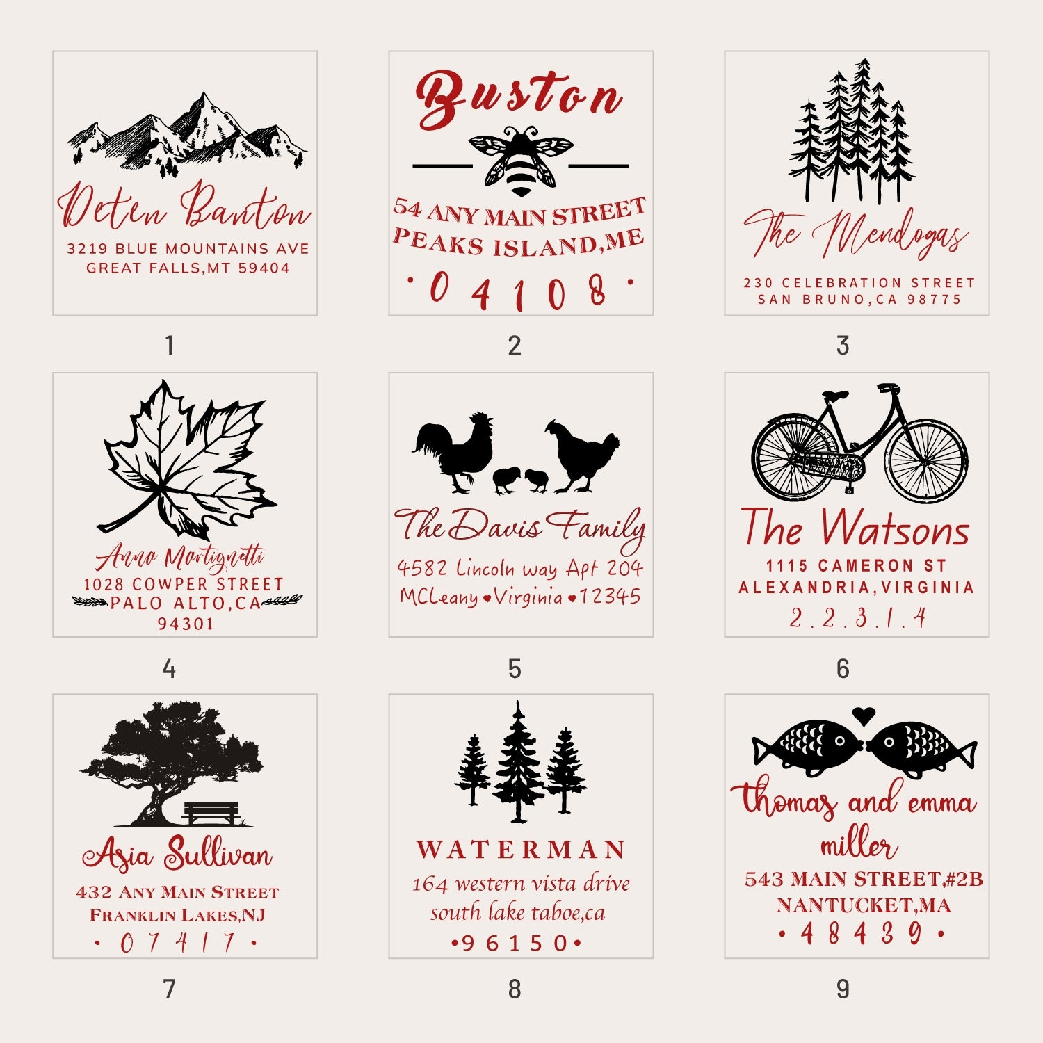 Personalisierte Adresse Rücksendung Gummistempel mit Ihrer Signatur Kunstwerk (18 Designs) sku1