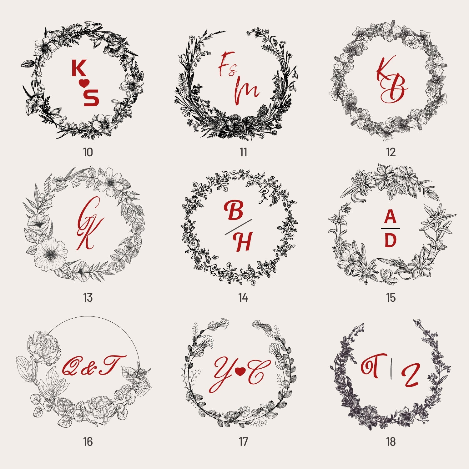 Personalisierter Botanischer Hochzeits-Monogramm Gummistempel (18 Designs) sku2