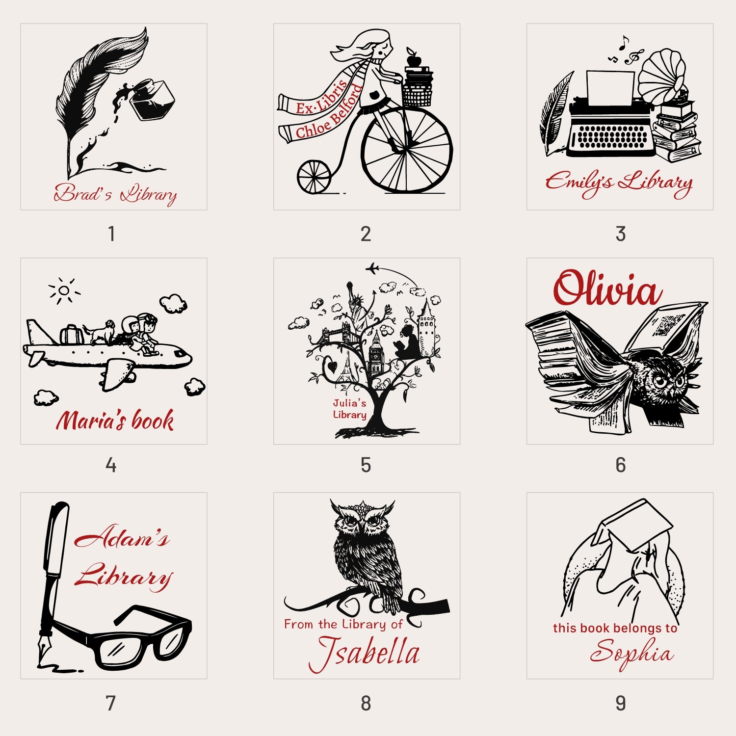 Personalisierte Bibliothek Gummistempel (20 Designs) LB-sku1