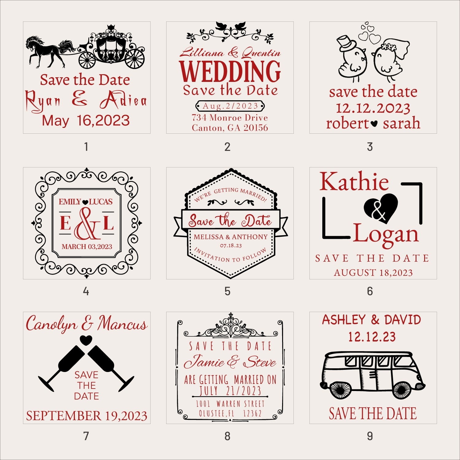 Personalisierter Hochzeits-Save-the-Date Gummistempel (25 Designs) SKU1