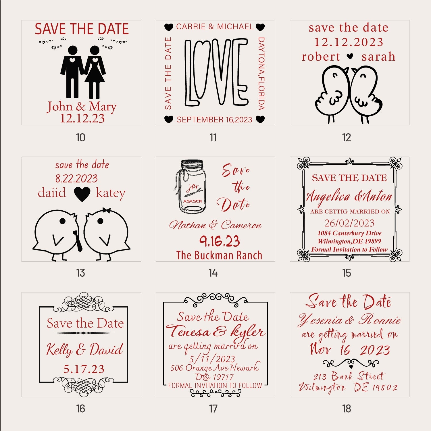 Personalisierter Hochzeits-Save-the-Date-Gummistempel (25 Designs) SKU2