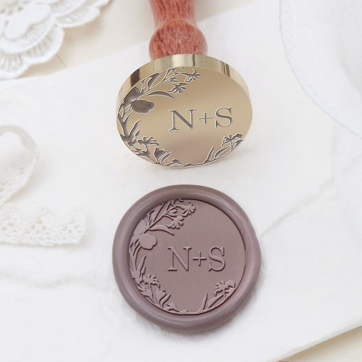 Personalisierter randloser botanischer Hochzeits-Monogramm-Siegelwachs-Stempel (27 Designs)