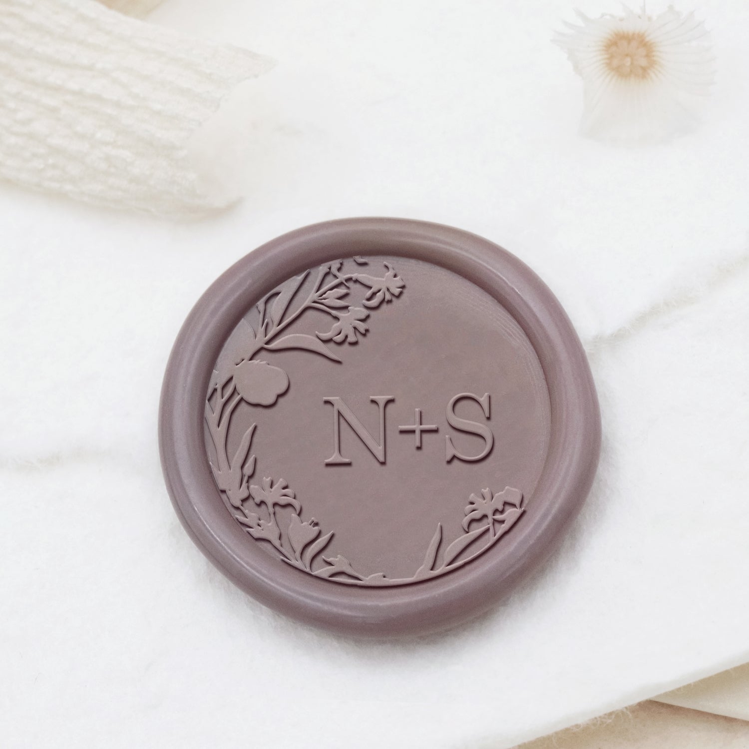 Personalisierter randloser botanischer Hochzeits-Monogramm-Siegelwachs-Stempel (27 Designs)1