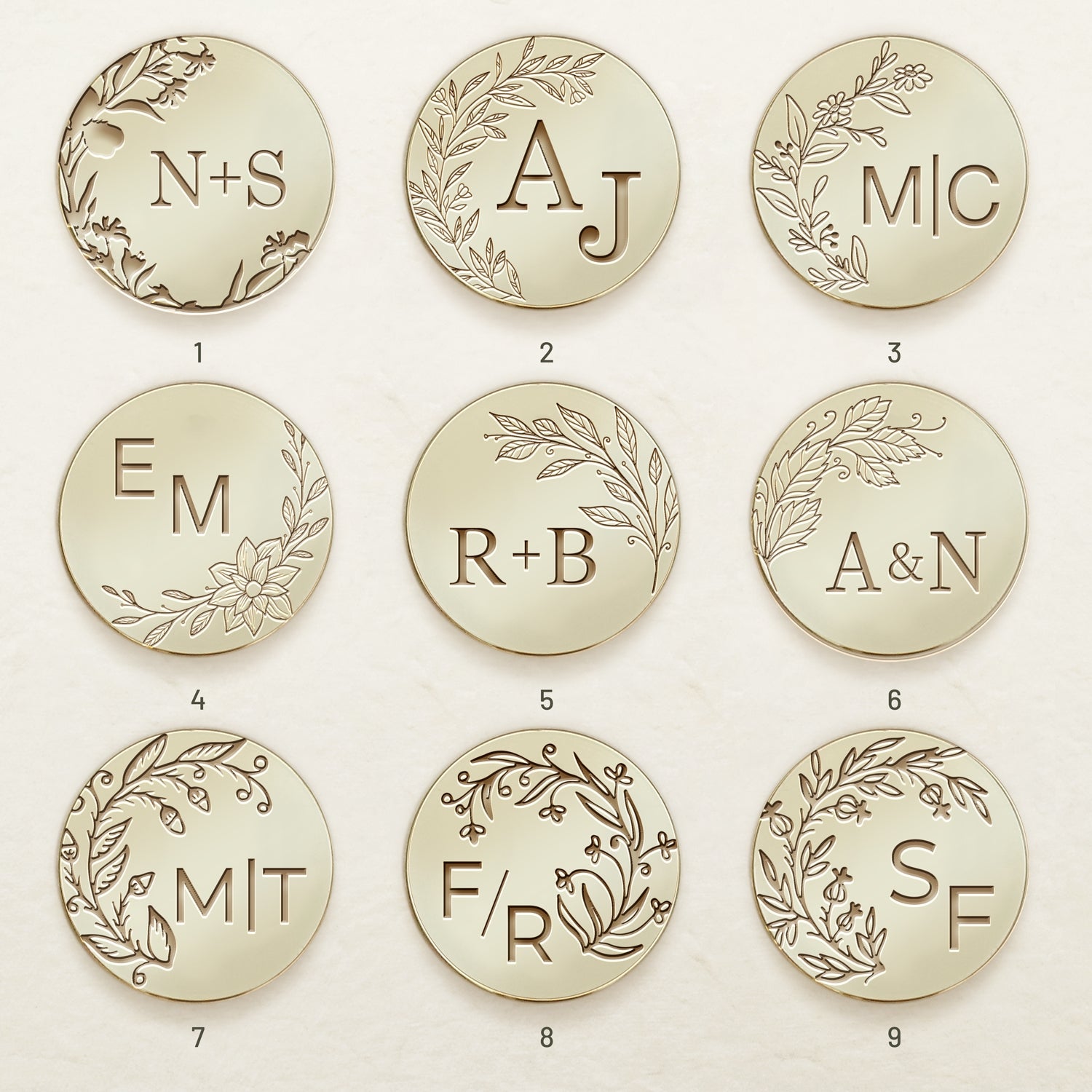 Personalisierter randloser botanischer Hochzeits-Monogramm-Siegelwachs-Siegelstempel (27 Designs)-sku1