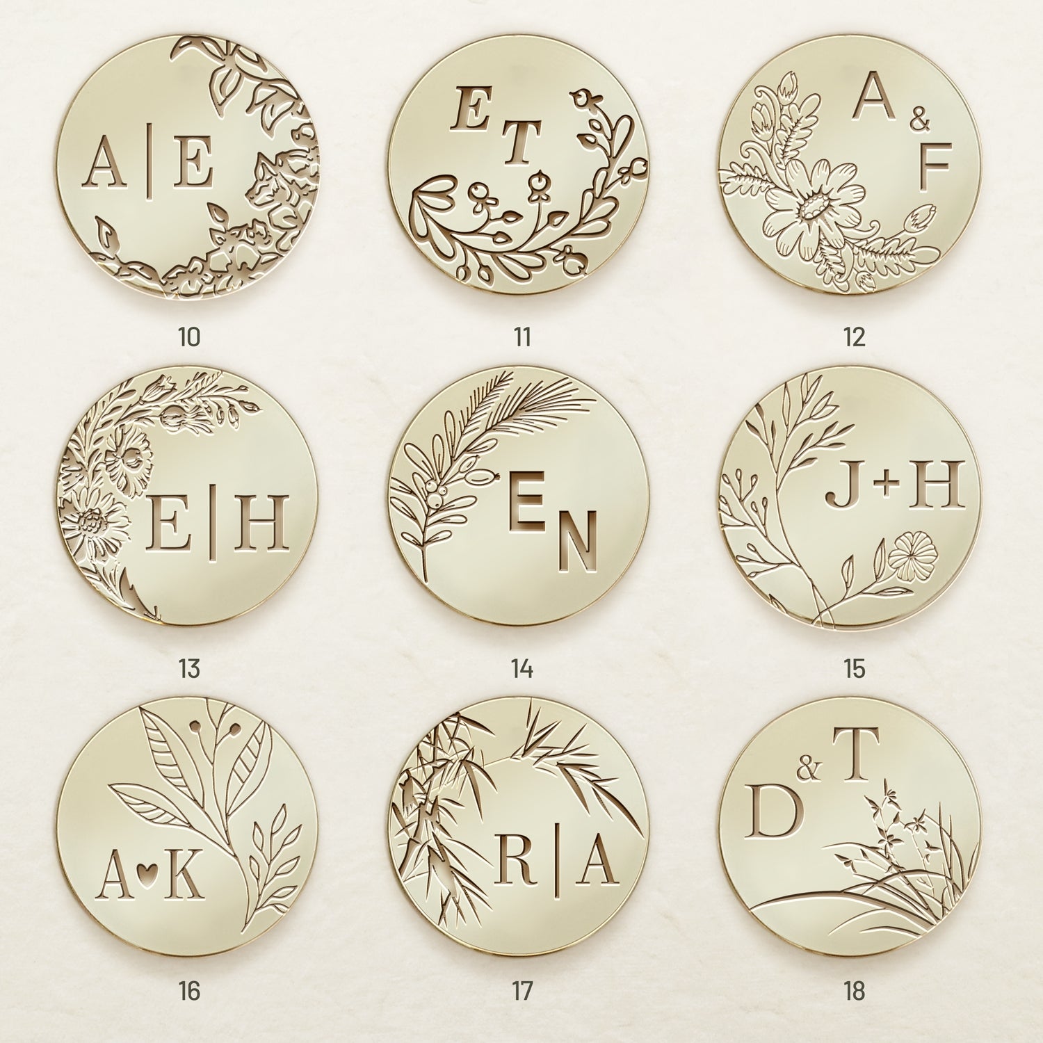 Personalisierter randloser botanischer Hochzeits-Monogramm-Siegelwachs-Siegelstempel (27 Designs)-sku2