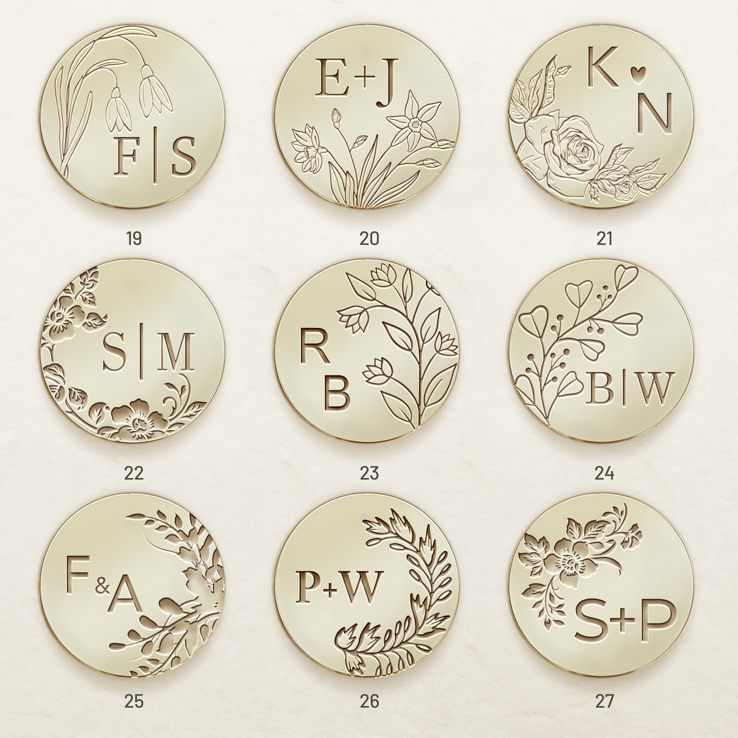Personalisierter randloser botanischer Hochzeits-Monogramm-Siegelwachs-Siegelstempel (27 Designs)-sku3
