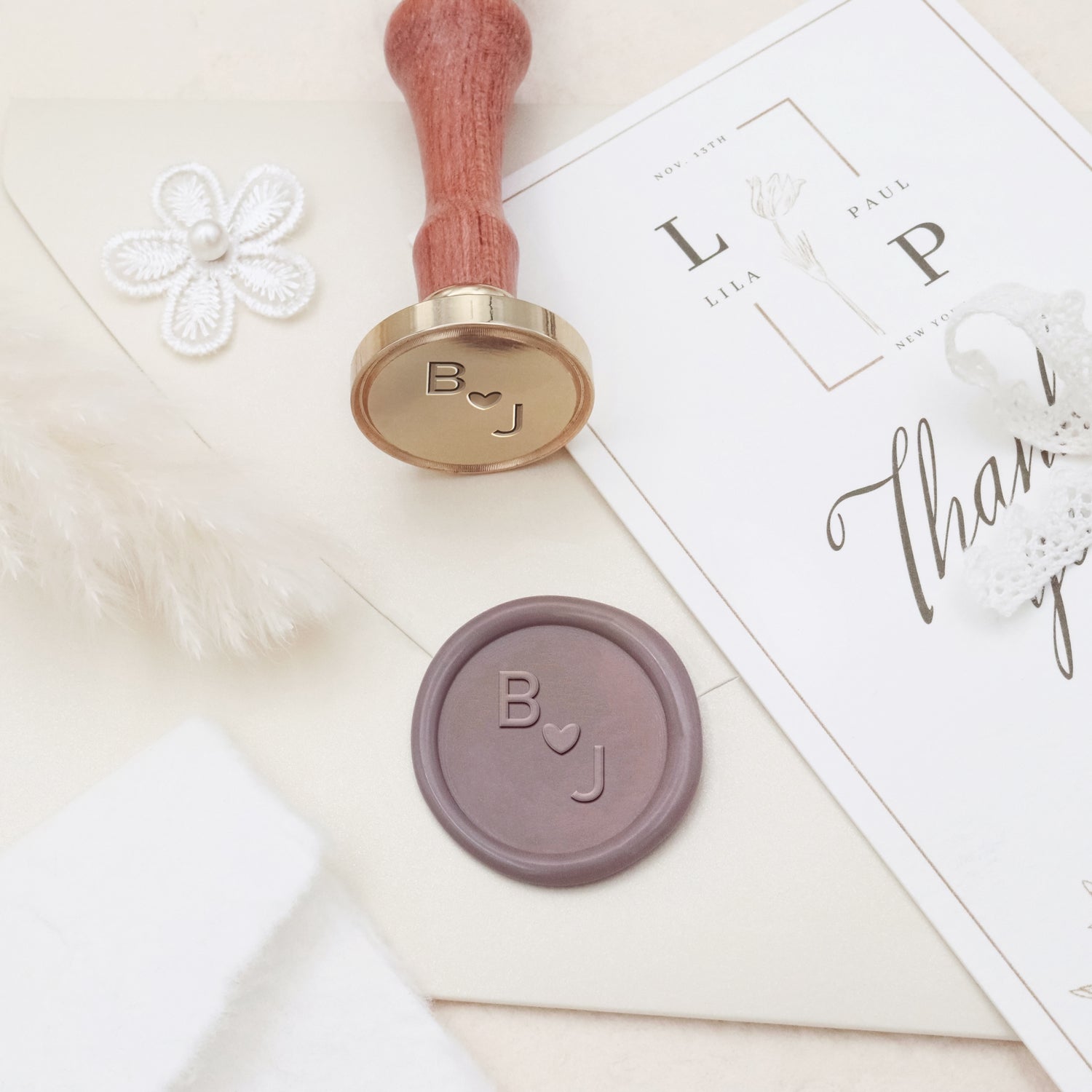 Personalisiert Liebendes Herz mit horizontalen Initialen Minimalistischer Hochzeit Siegelwachs Siegelstempel-7 3