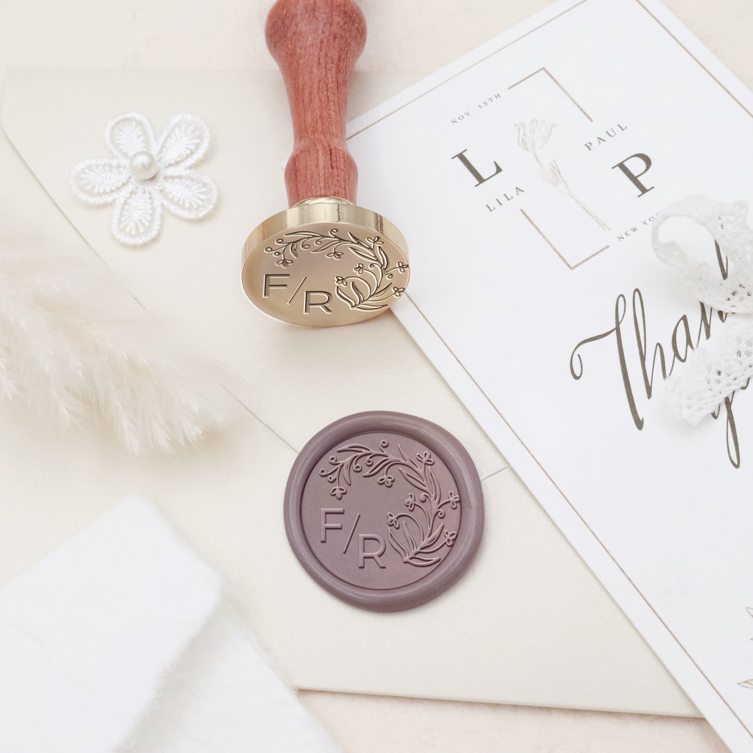 Personalisierter randloser botanischer Hochzeits-Monogramm Siegelwachs Siegelstempel - Stil 8 3