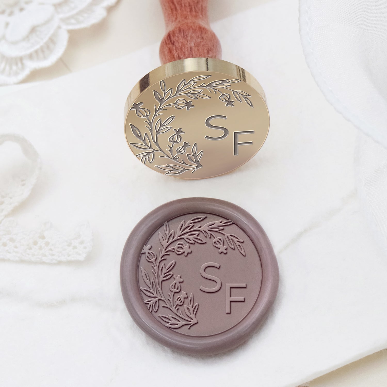 Personalisierter randloser botanischer Hochzeits-Monogramm-Siegelwachs-Stempel - Stil 9 2