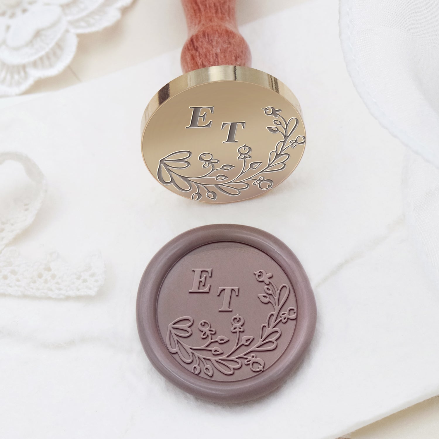 Personalisierter randloser botanischer Hochzeits-Monogramm-Siegelwachs-Stempel - Stil 11 2