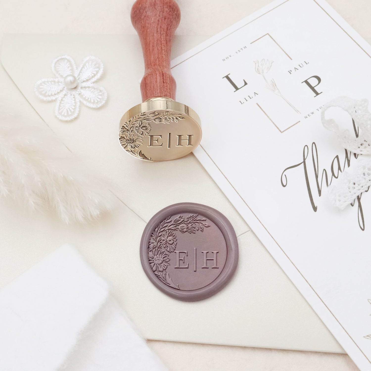 Personalisierter randloser botanischer Hochzeits-Monogramm Siegelwachs Siegelstempel - Stil 13 3