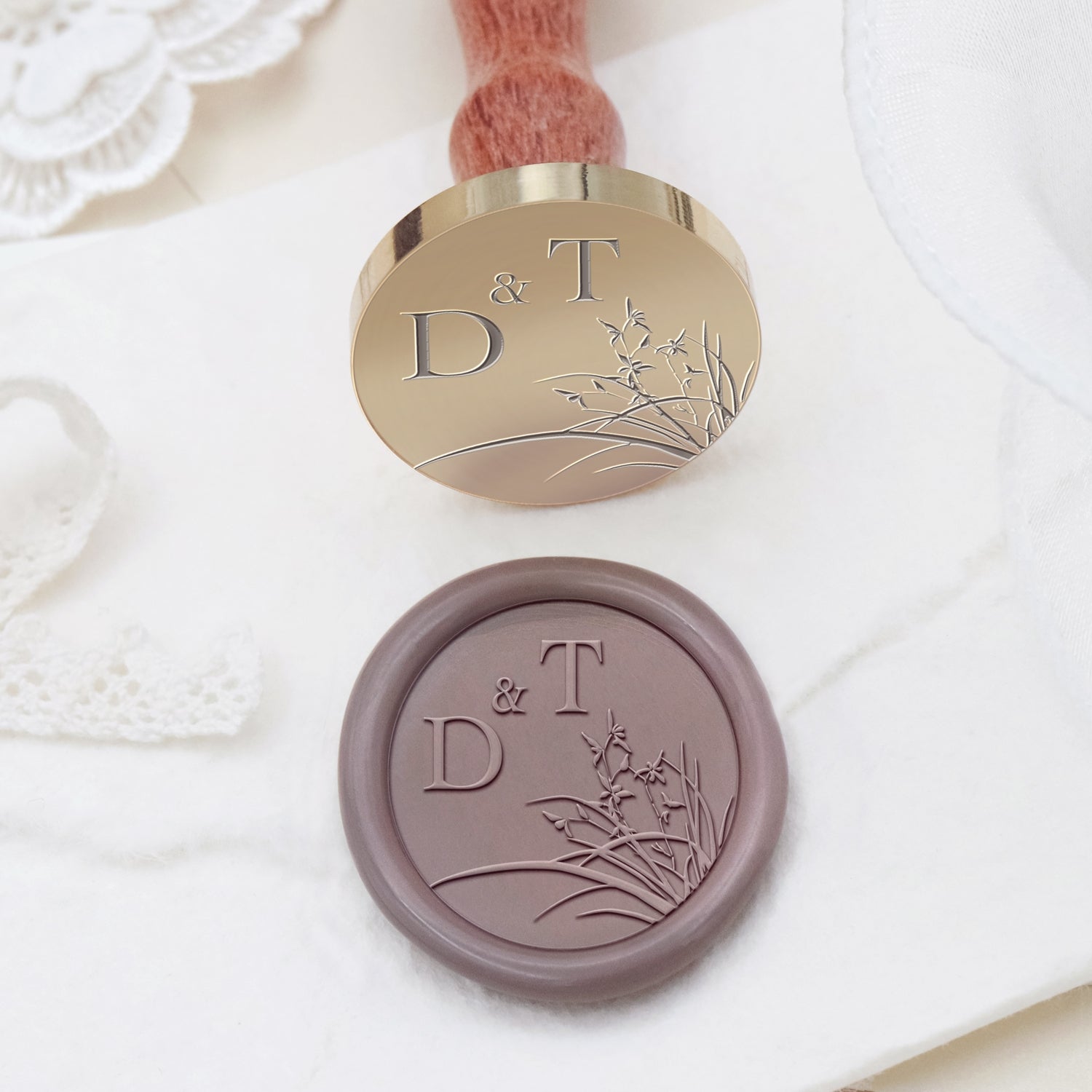 Personalisierter randloser botanischer Hochzeits-Monogramm-Siegelwachs-Stempel - Stil 18 2