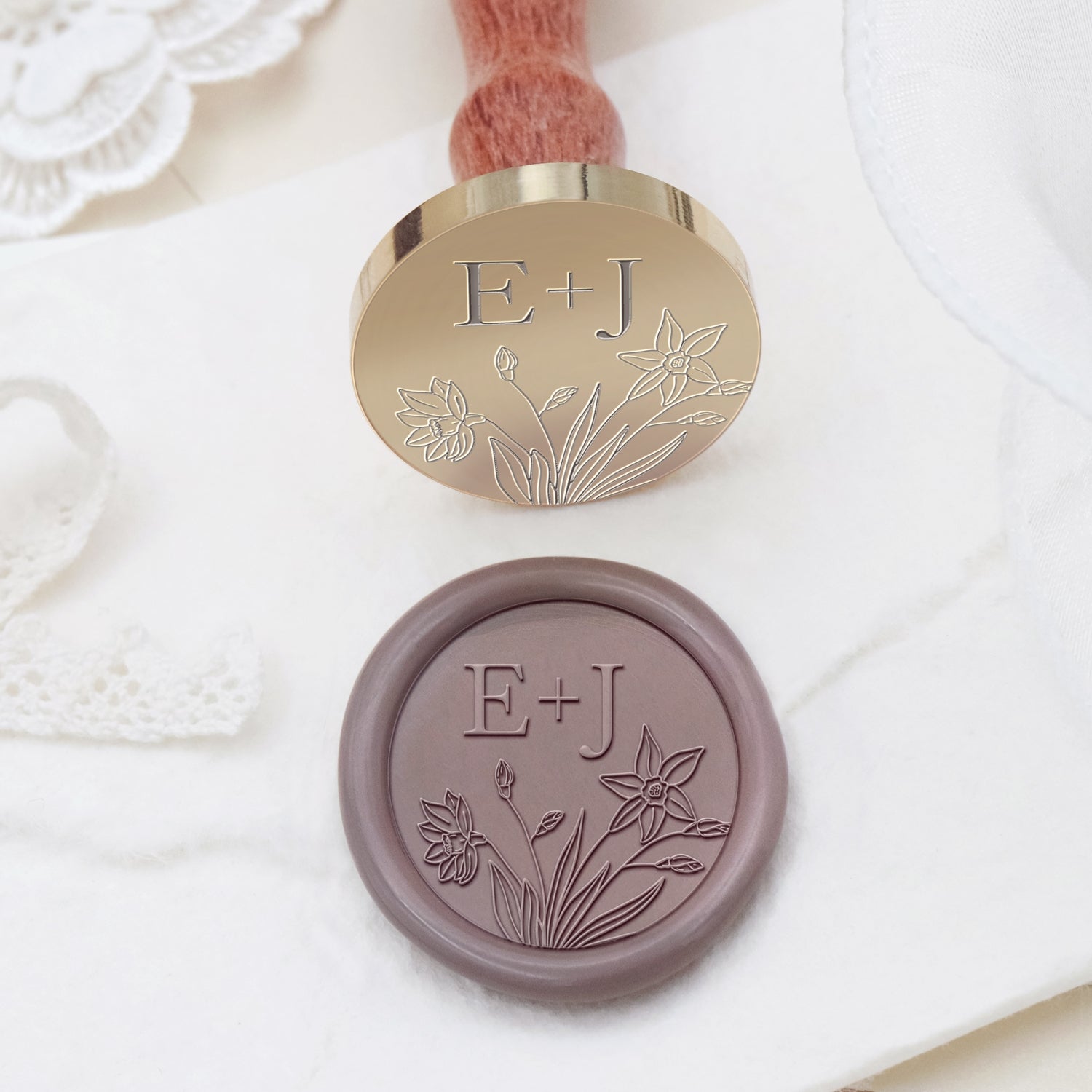 Personalisierter randloser botanischer Hochzeits-Monogramm-Siegelwachs-Stempel - Stil 20 2