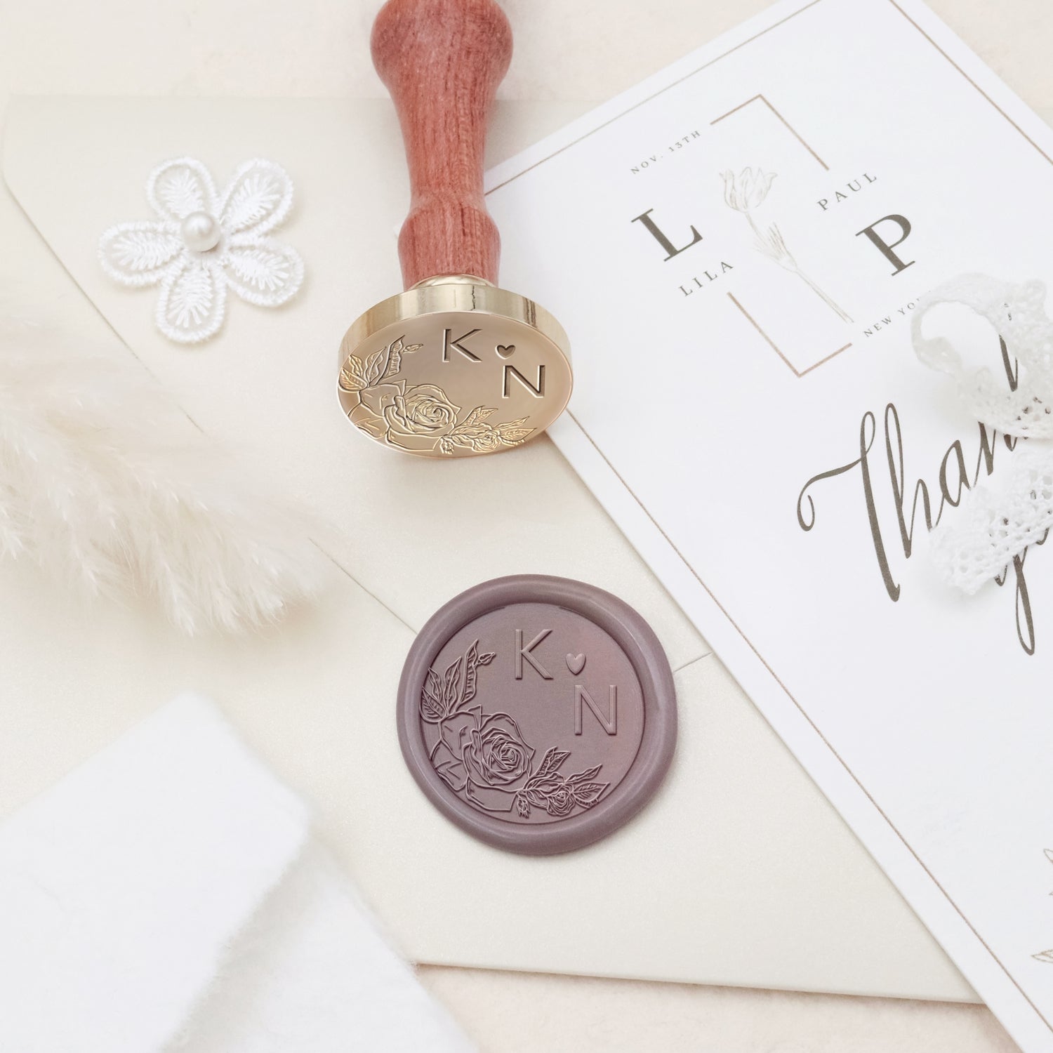 Personalisierter randloser botanischer Hochzeits-Monogramm-Siegelwachs-Siegelstempel - Style 21 3