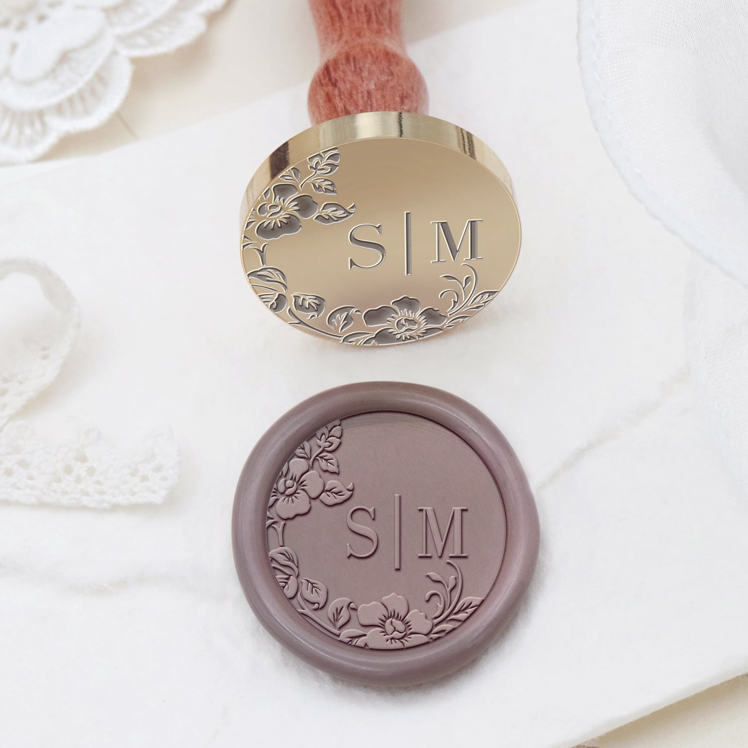 Personalisierter randloser botanischer Hochzeits-Monogramm Siegelwachs Siegelstempel - Stil 22 2