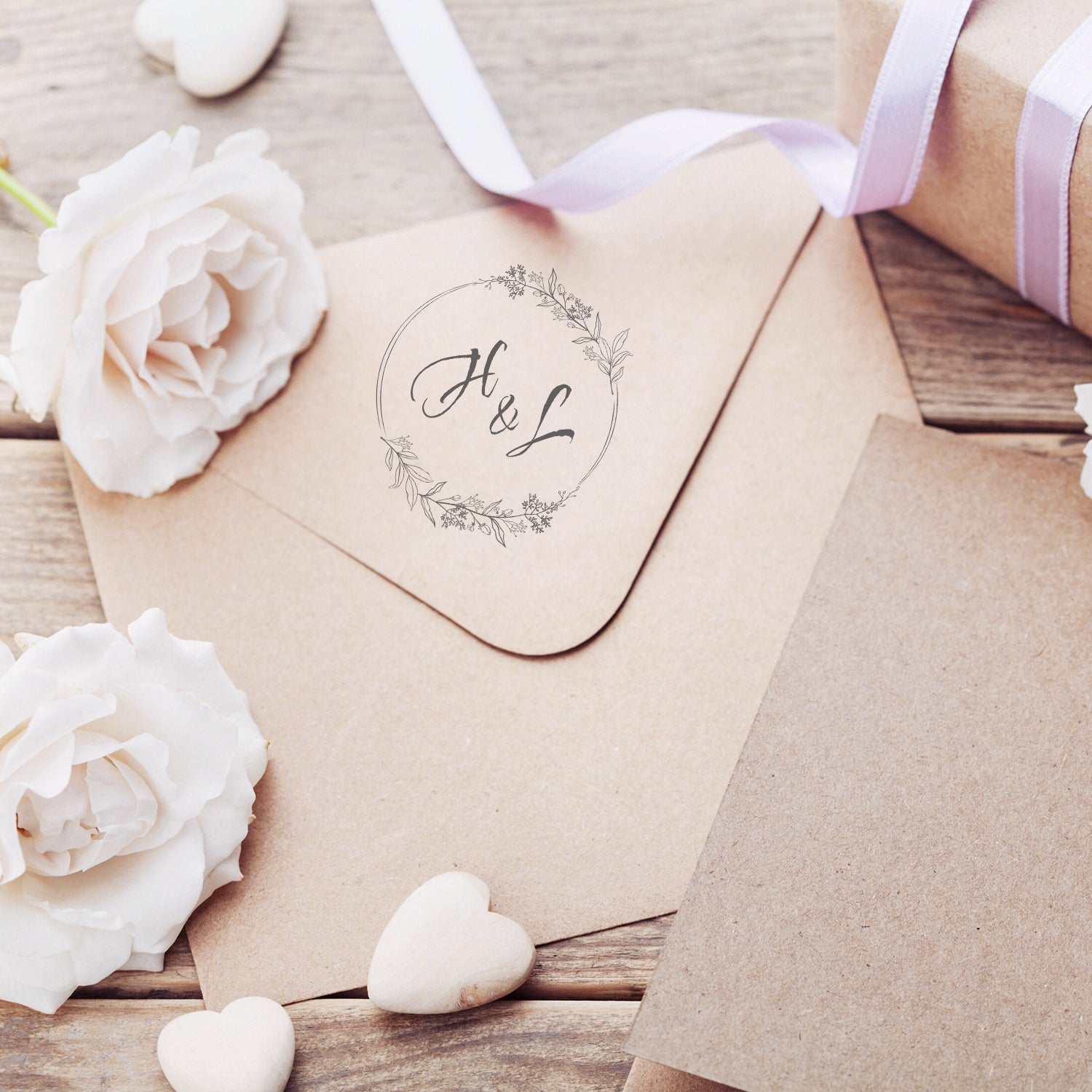 Personalisierter Botanischer Hochzeits-Monogramm Gummistempel - Style 4 wd3