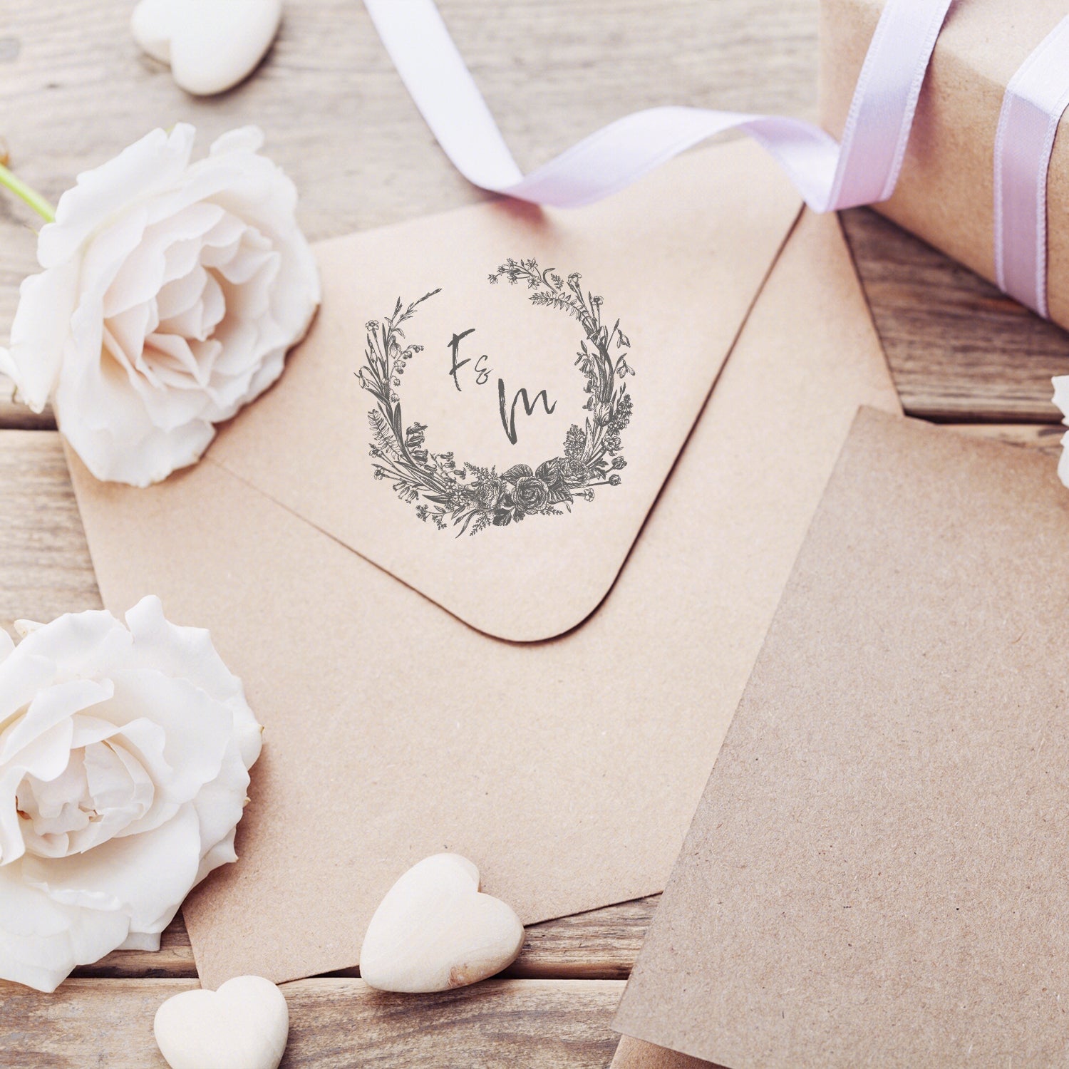 Individueller Botanischer Hochzeits-Monogramm Gummistempel - Style 11 wd3