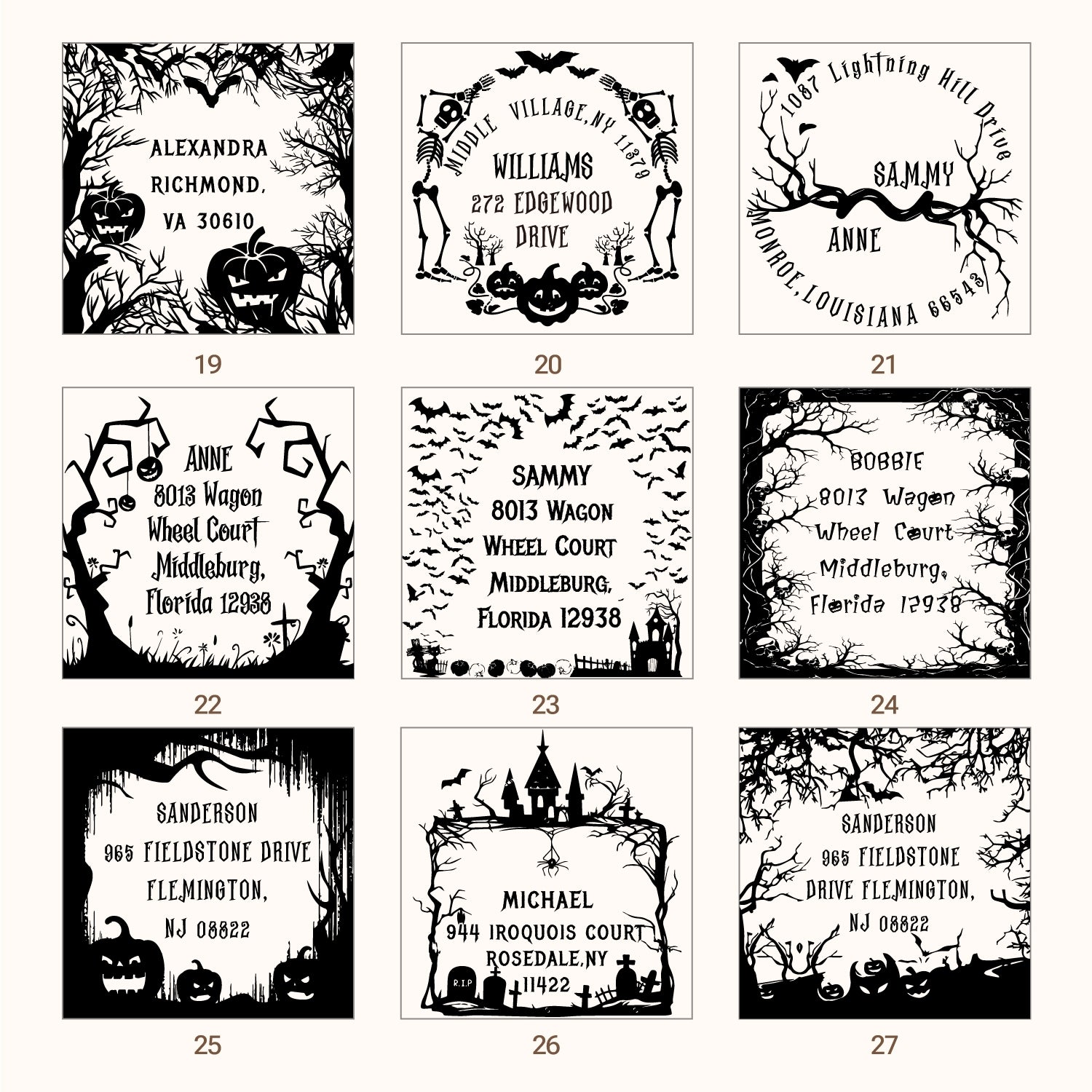 Personalisierter Halloween Adresse Gummistempel (27 Designs) sku3
