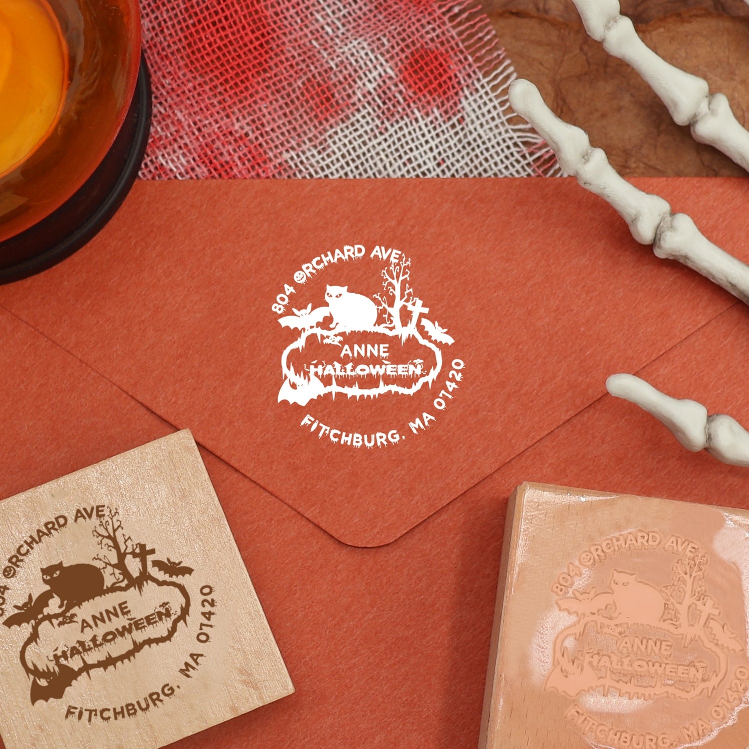 Personalisierter Fledermaus und Katze Halloween Adresse Gummistempel