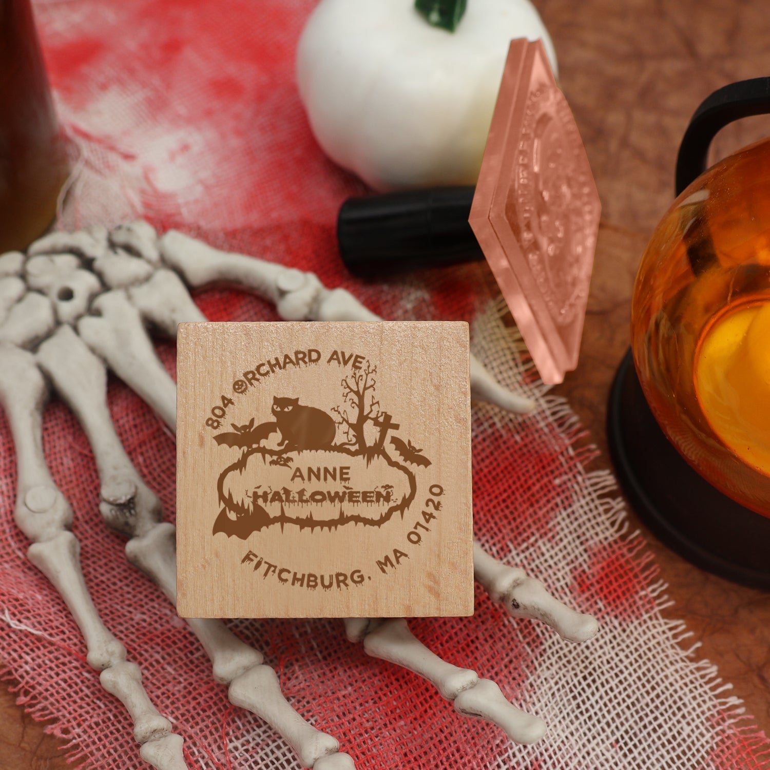 Personalisierter Fledermaus und Katze Halloween Adresse Gummistempel1