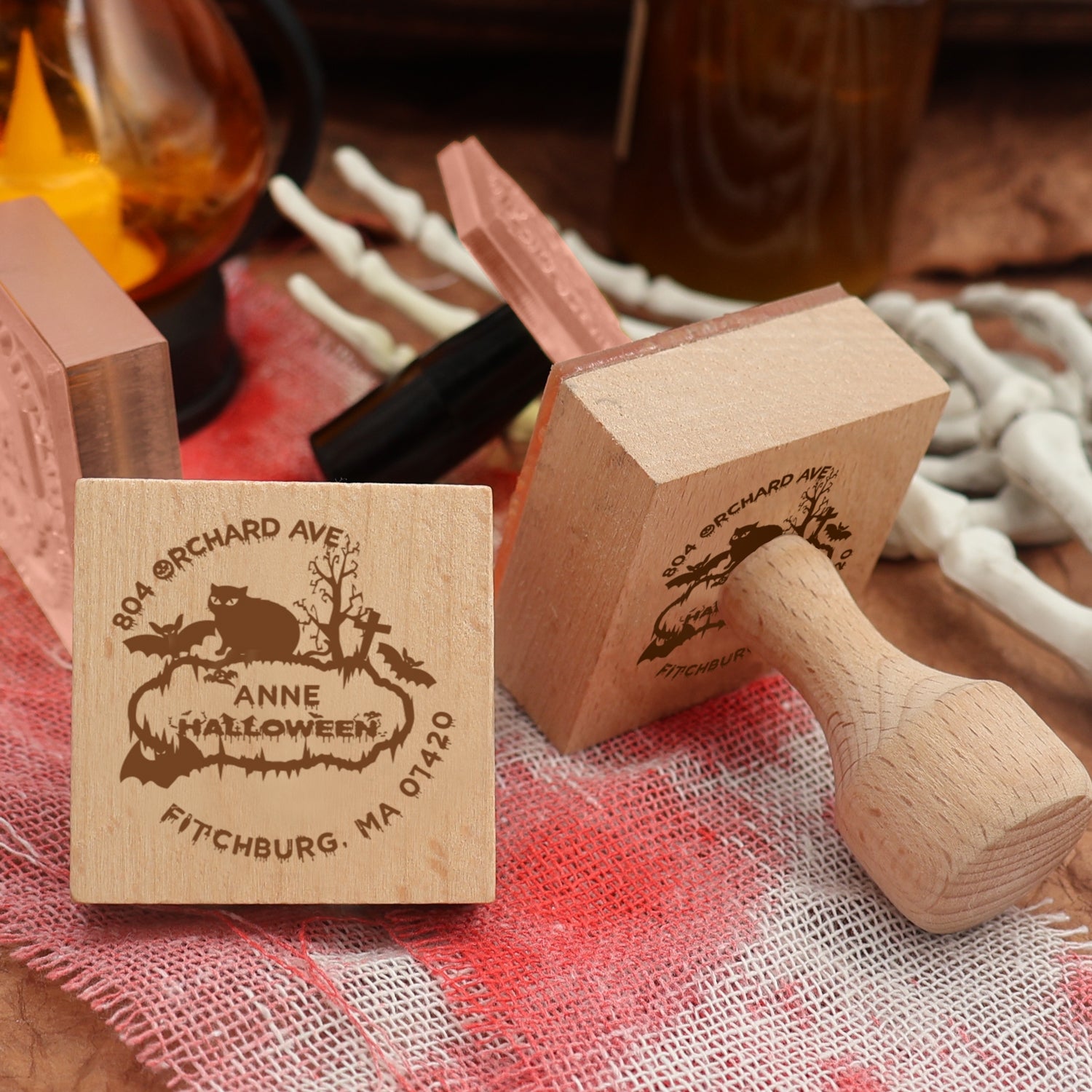 Personalisierter Fledermaus und Katze Halloween Adresse Gummistempel3