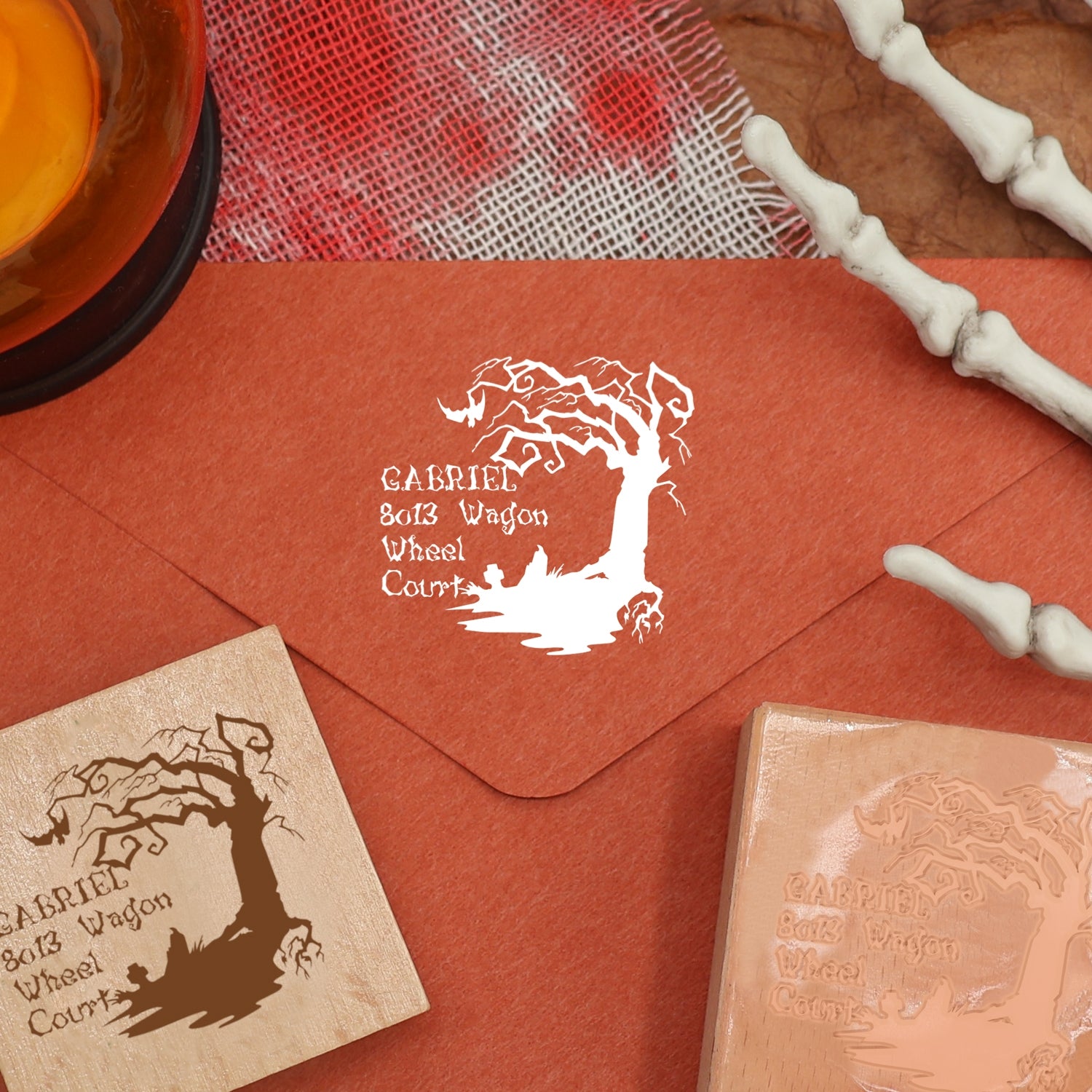 Personalisierter Gruseliger Baum Halloween Adresse Gummistempel