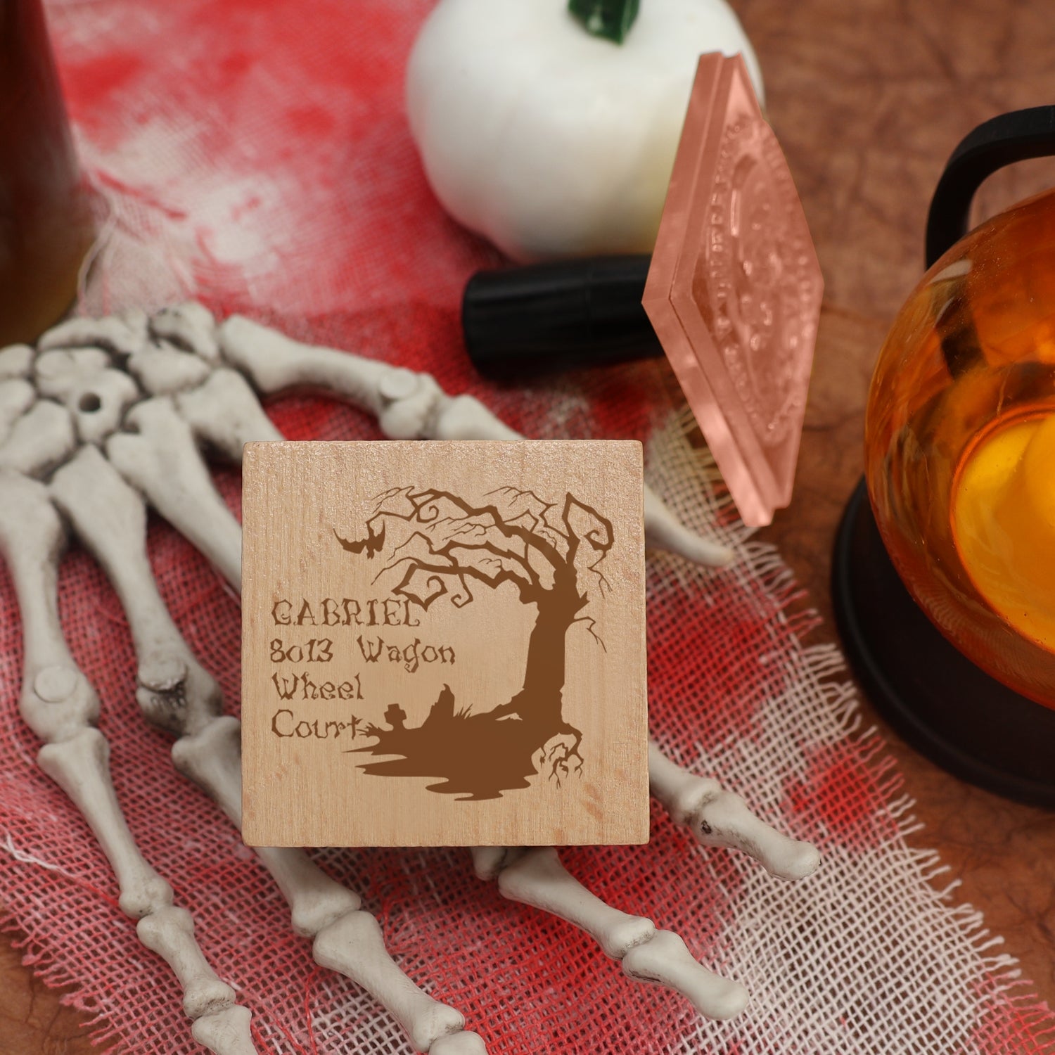 Personalisierter Gruseliger Baum Halloween Adresse Gummistempel1