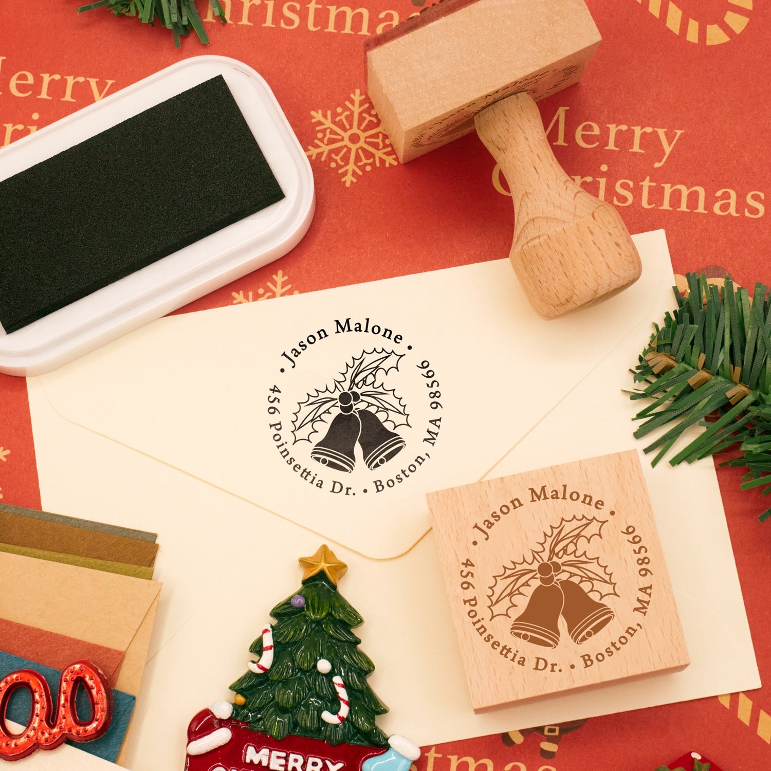 Personalisierter Weihnachtsglocken Adresse Gummistempel