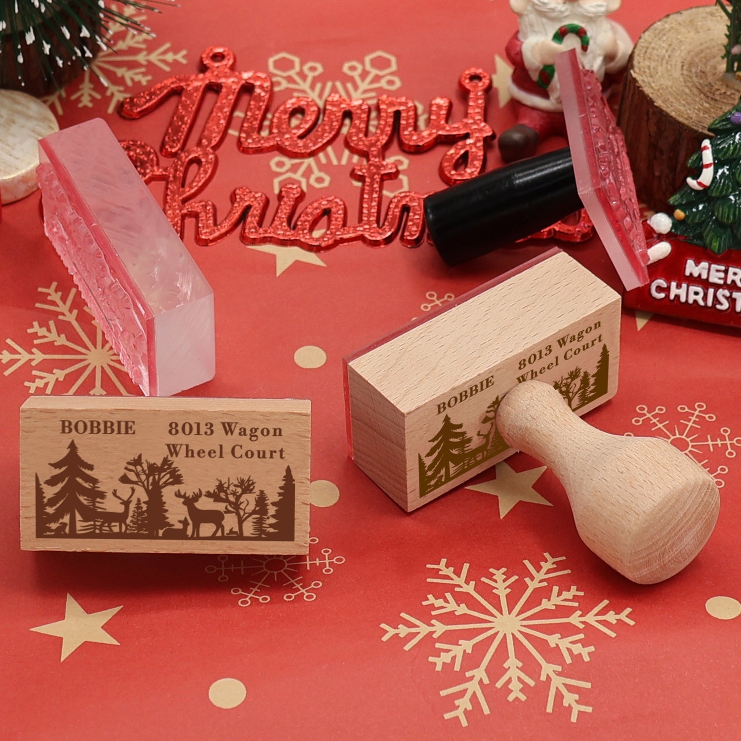 Personalisierter Weihnachtswald und Rentier Rechteck Gummistempel3