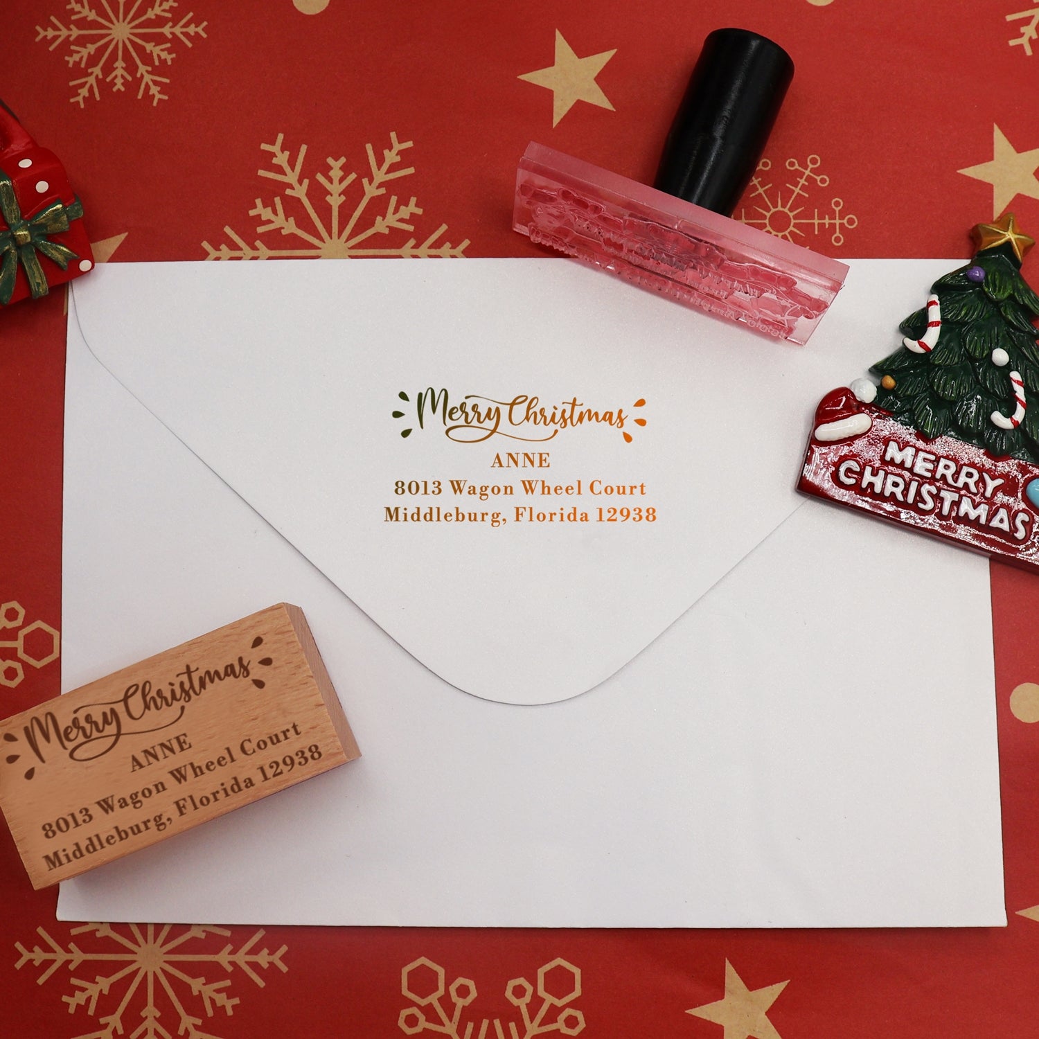 Personalisiert Frohe Weihnachten Rechteck Adresse Gummistempel2