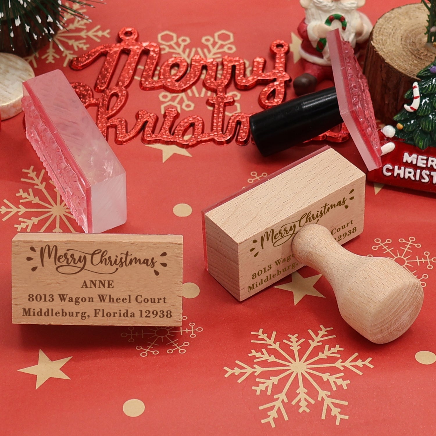 Personalisierter Frohe Weihnachten Rechteckiger Adressen Gummistempel3