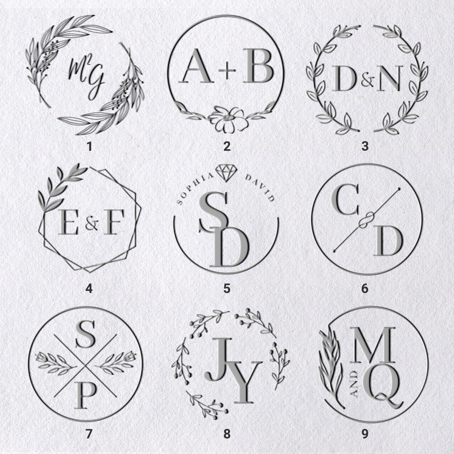 Personalisierte Initialen Hochzeits-Monogramm Prägestempel (36 Designs) 1-91