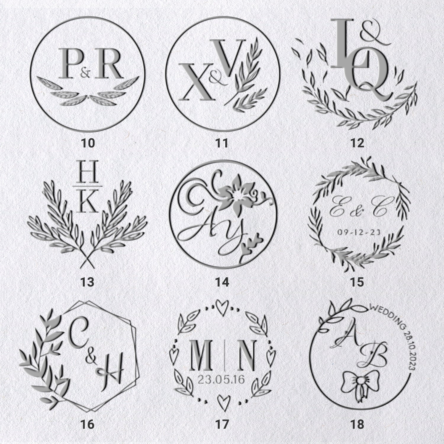 Personalisierte Initialen Hochzeits-Monogramm Prägestempel (36 Designs) 10-181