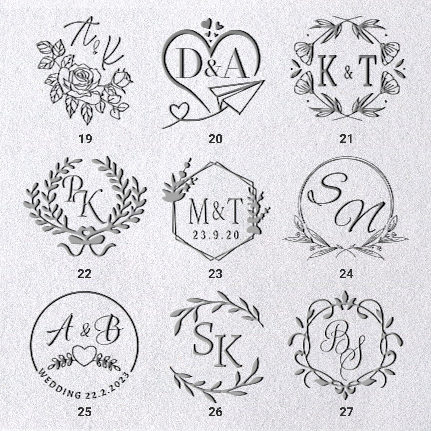 Personalisierte Initialen Hochzeits-Monogramm Prägestempel (36 Designs) 19-271