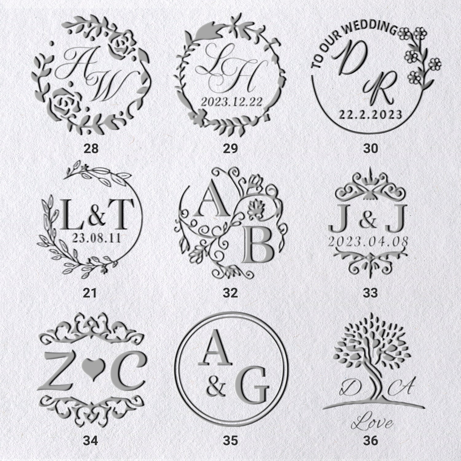 Personalisierte Initialen Hochzeits-Monogramm Prägestempel (36 Designs) 28-361