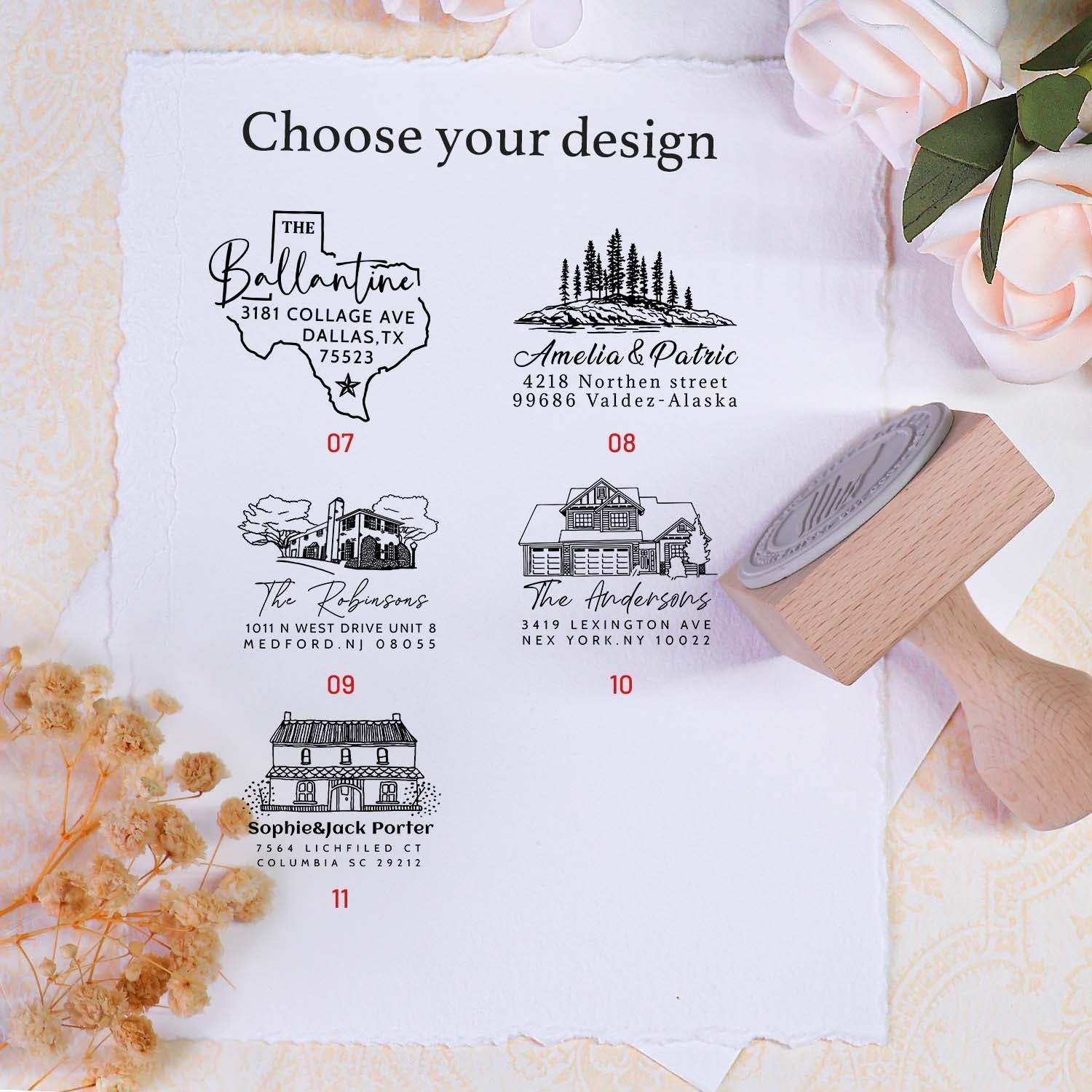 Personalisierter quadratischer Holz-Gummi-Adresse-Stempel - 11 Designs5