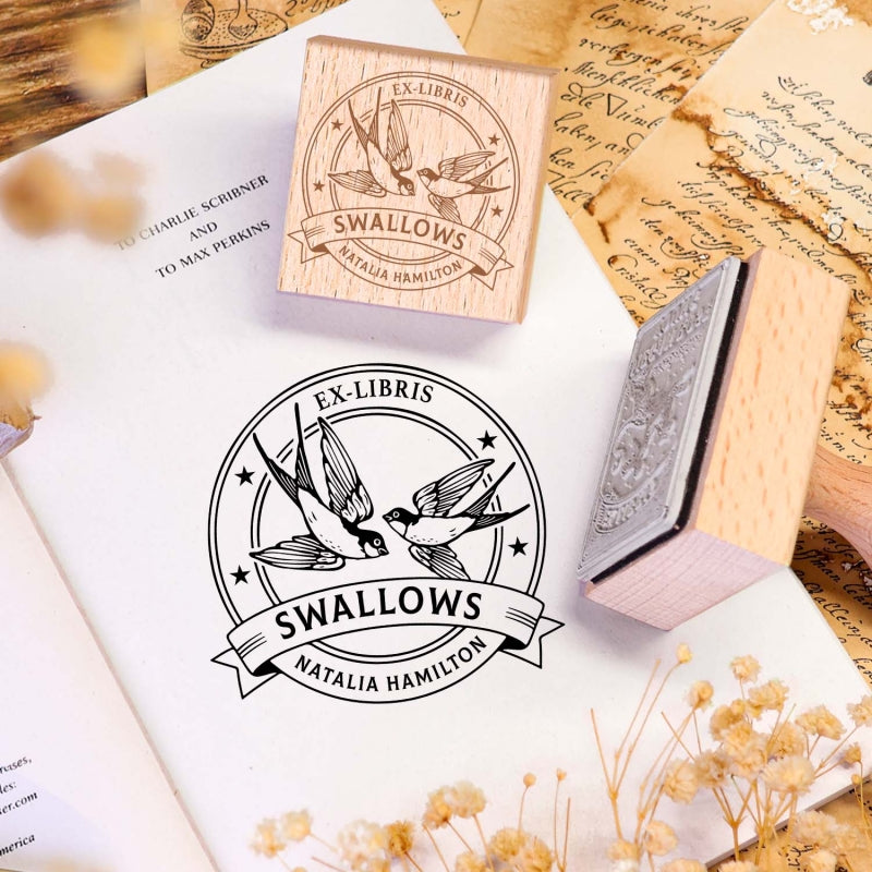 Custom Twin Soaring Swallow Ex Libris Book Wooden Rubber Stamp 2