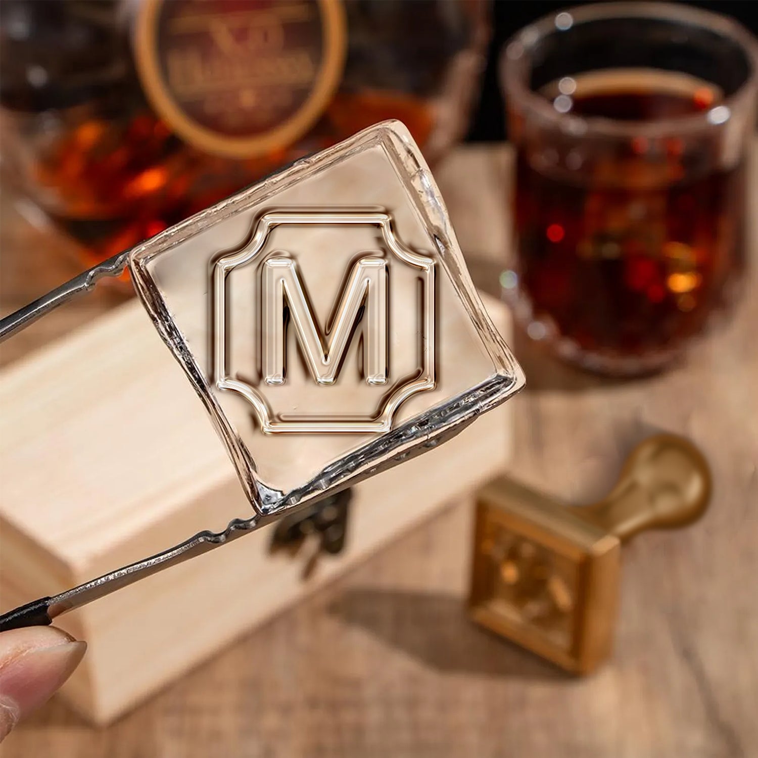 Elite Shield Single Monogram Brass Ice Stamp for Bartender & Planner