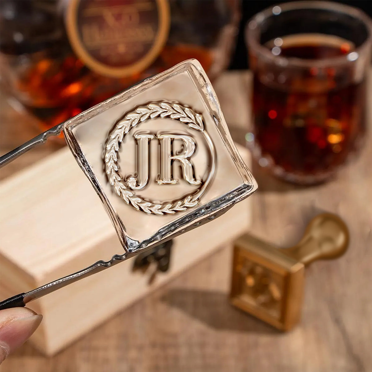 Laurel Circle Double Monogram Brass Ice Stamp for Bartender & Planner1